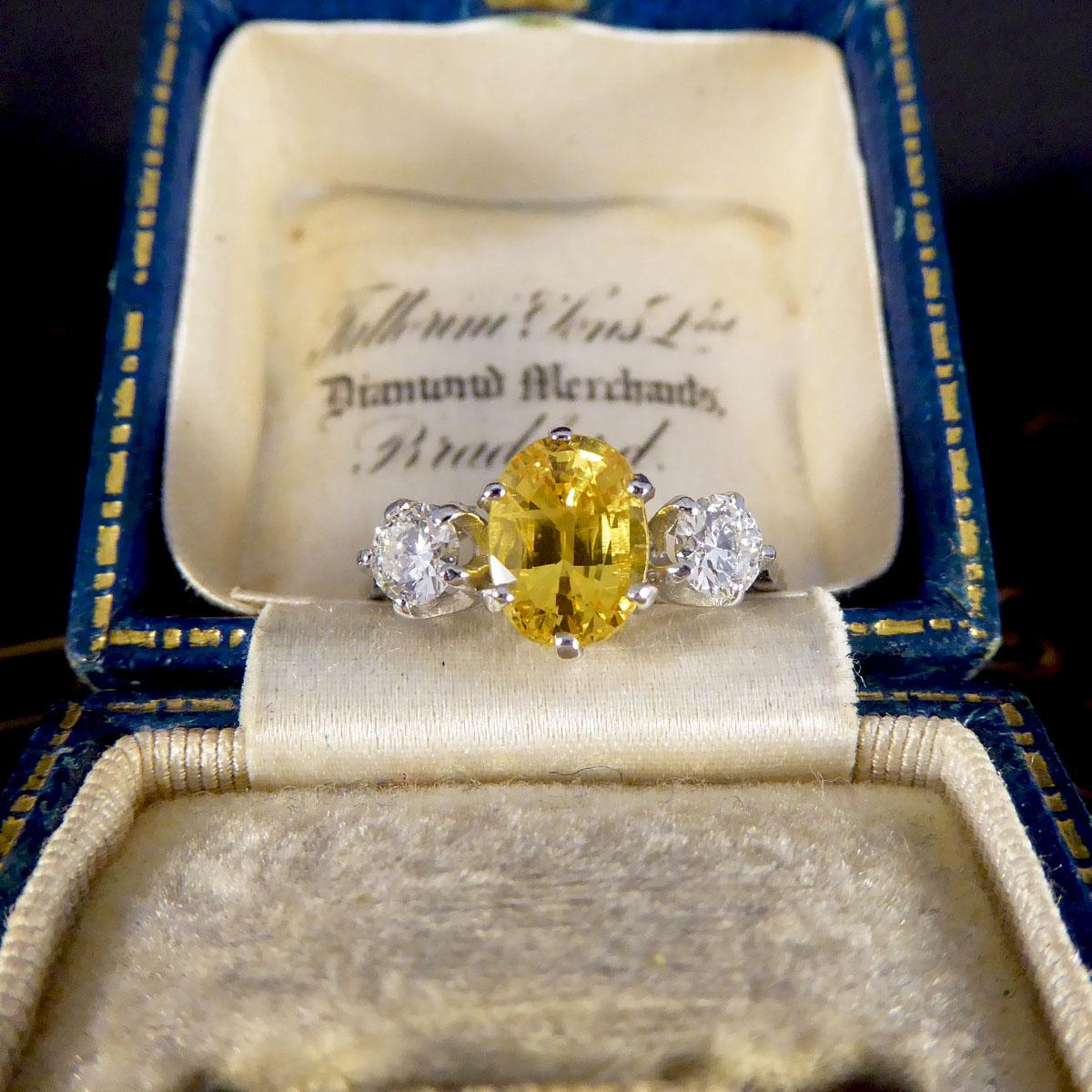 Contemporary 1.84ct Yellow Sapphire and Diamond Three Stone Ring in Platinum 2