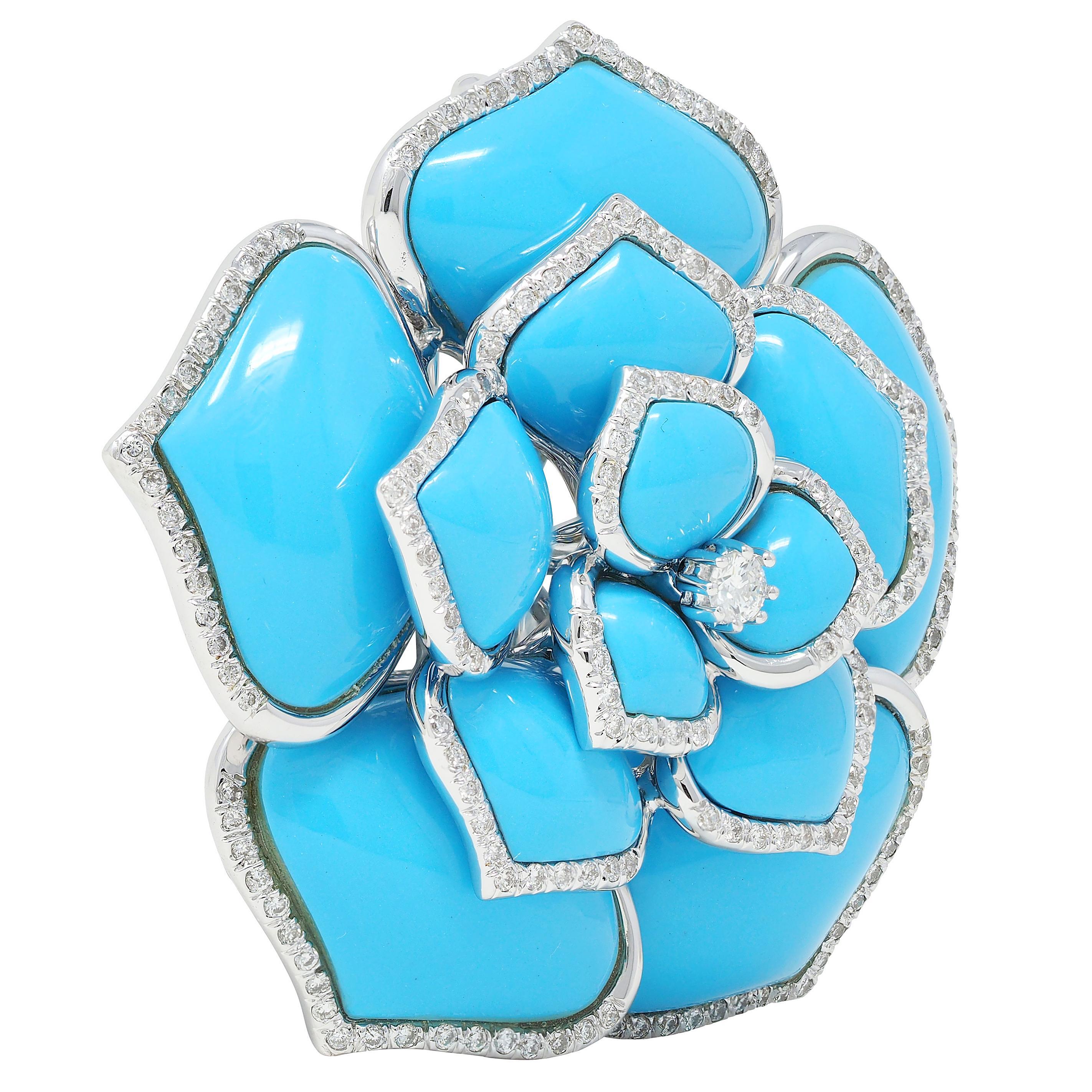 Brilliant Cut Contemporary 1.85 CTW Diamond Turquoise 18 Karat White Gold Flower Brooch For Sale