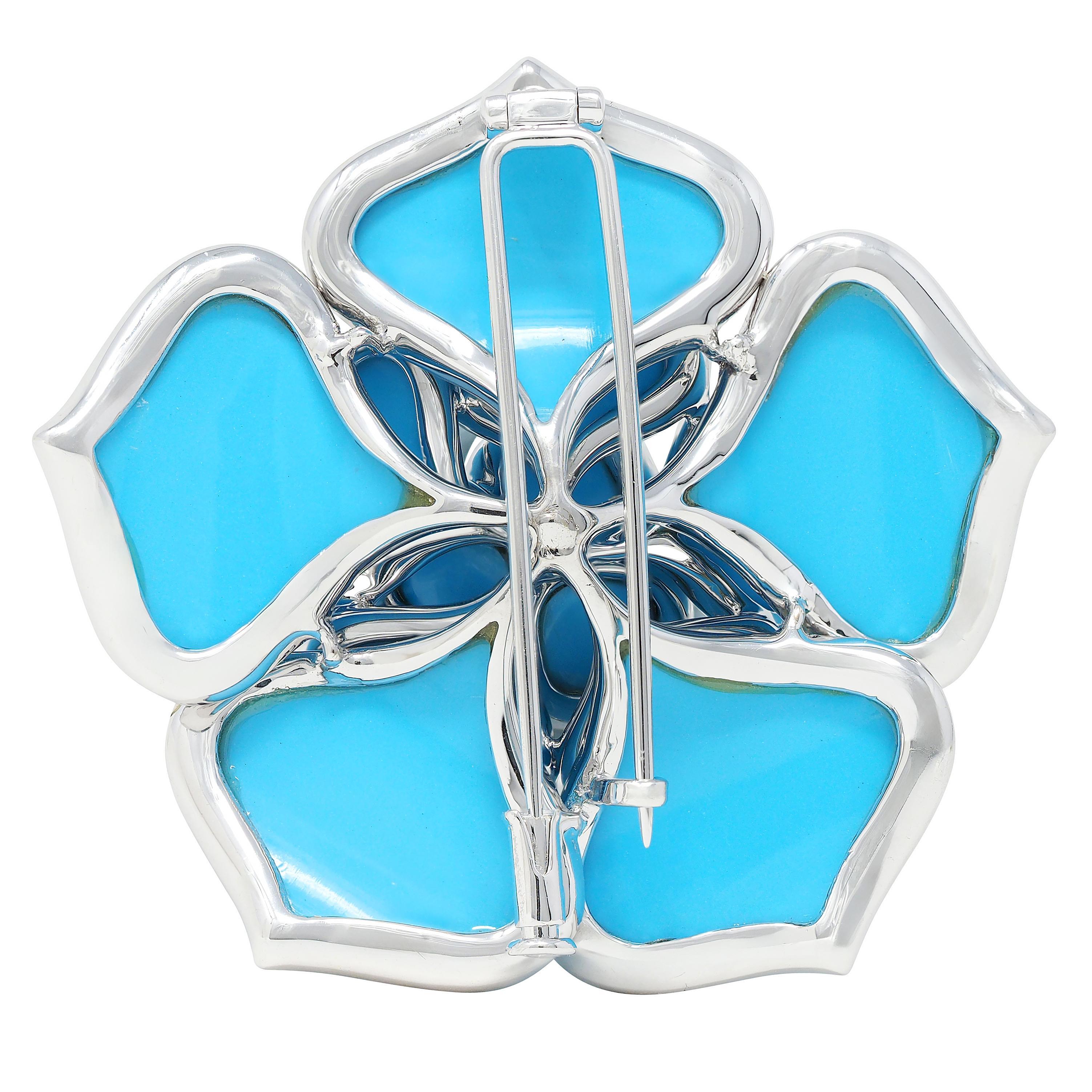 Contemporary 1.85 CTW Diamond Turquoise 18 Karat White Gold Flower Brooch In Excellent Condition For Sale In Philadelphia, PA
