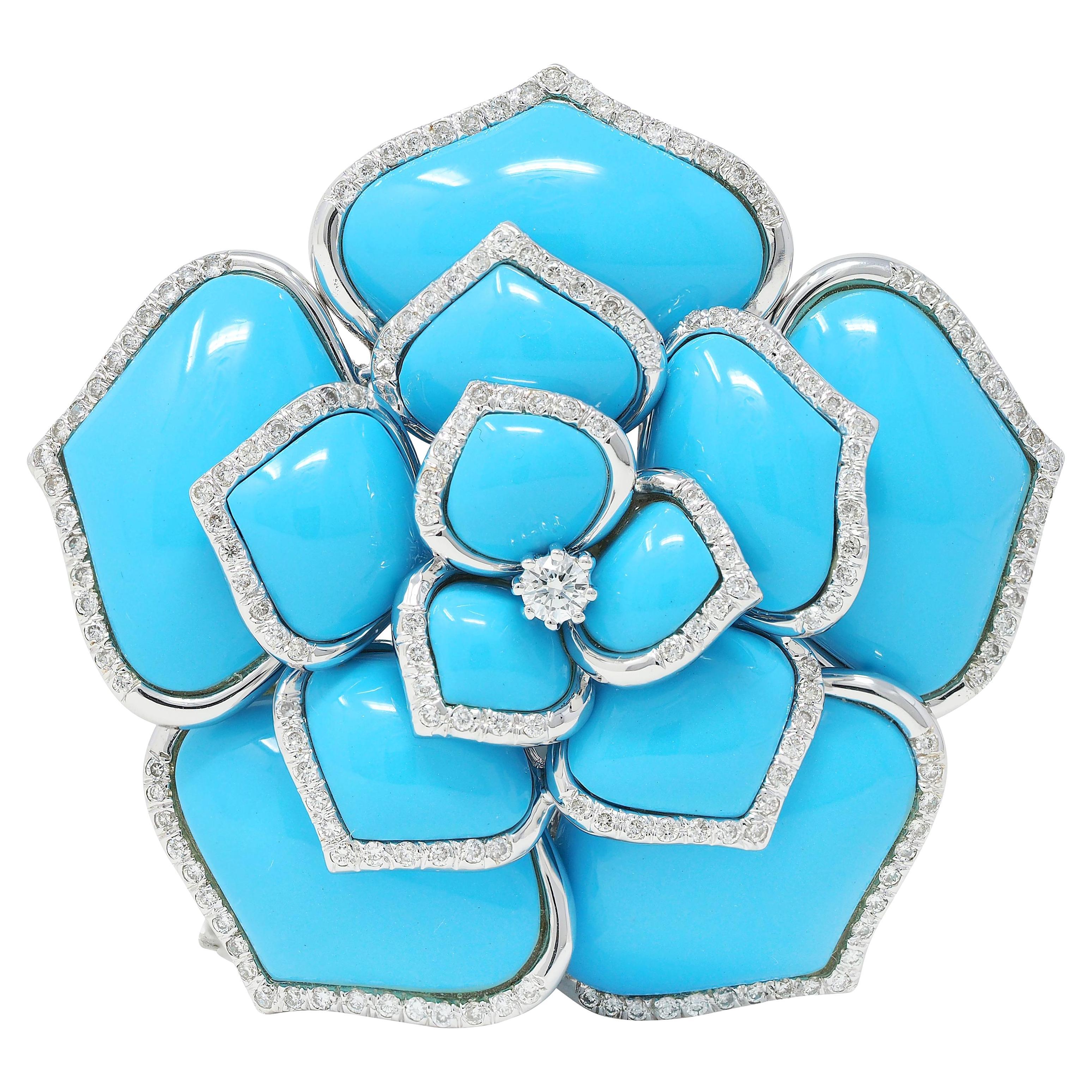 Contemporary 1.85 CTW Diamond Turquoise 18 Karat White Gold Flower Brooch For Sale