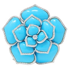 Contemporary 1.85 CTW Diamond Turquoise 18 Karat White Gold Flower Brooch