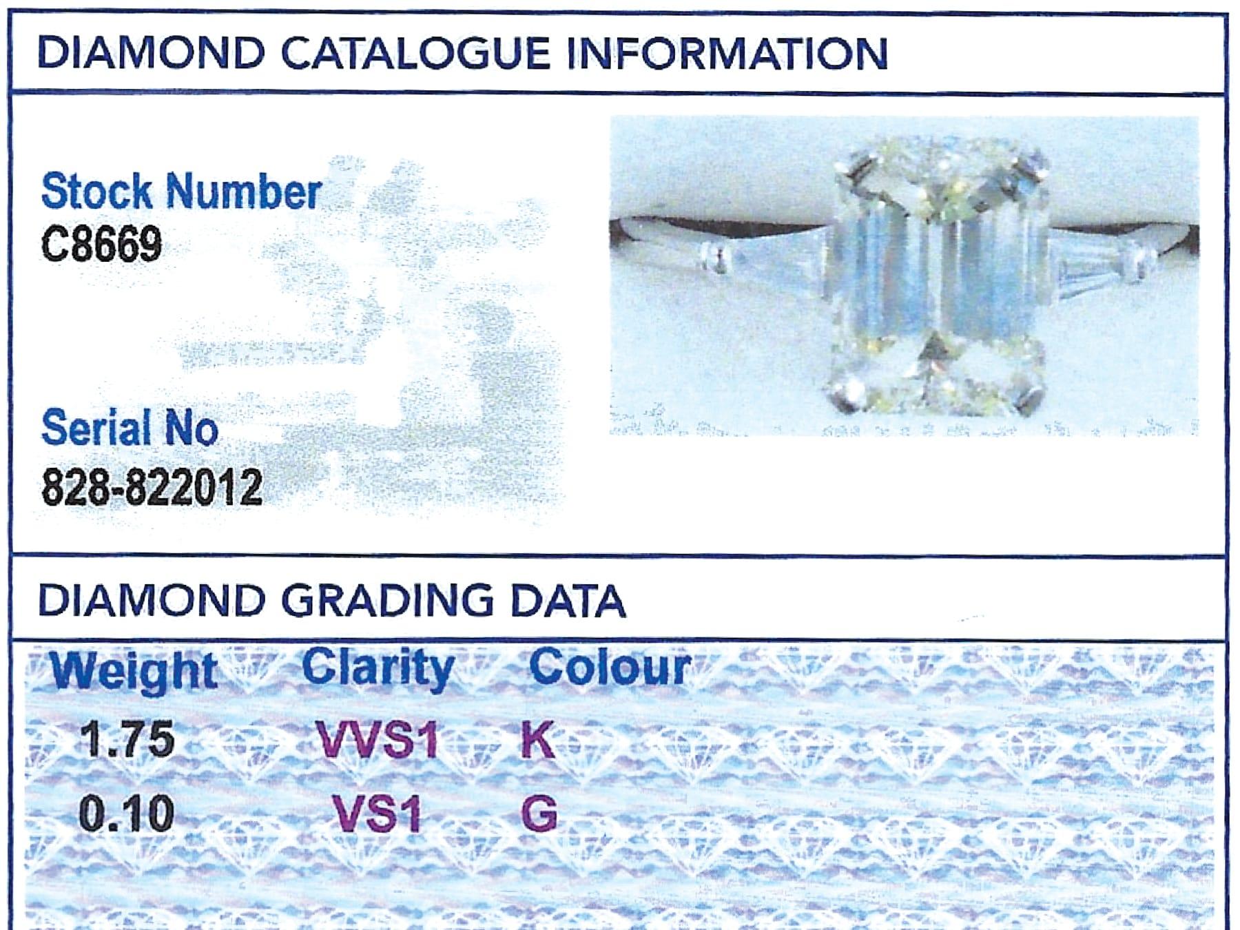 1.85 Carat Emerald Cut Diamond Solitaire Engagement Ring in Platinum For Sale 7