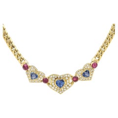 Contemporary 18ct Gold Heart Sapphire, Ruby and Diamond Curb Link Necklace