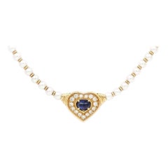Contemporary 18ct Gold Heart Shaped Sapphire, Diamond and Pearl Necklace Contemporary 18ct Gold Heart Shaped Sapphire, Diamond and Pearl Necklace