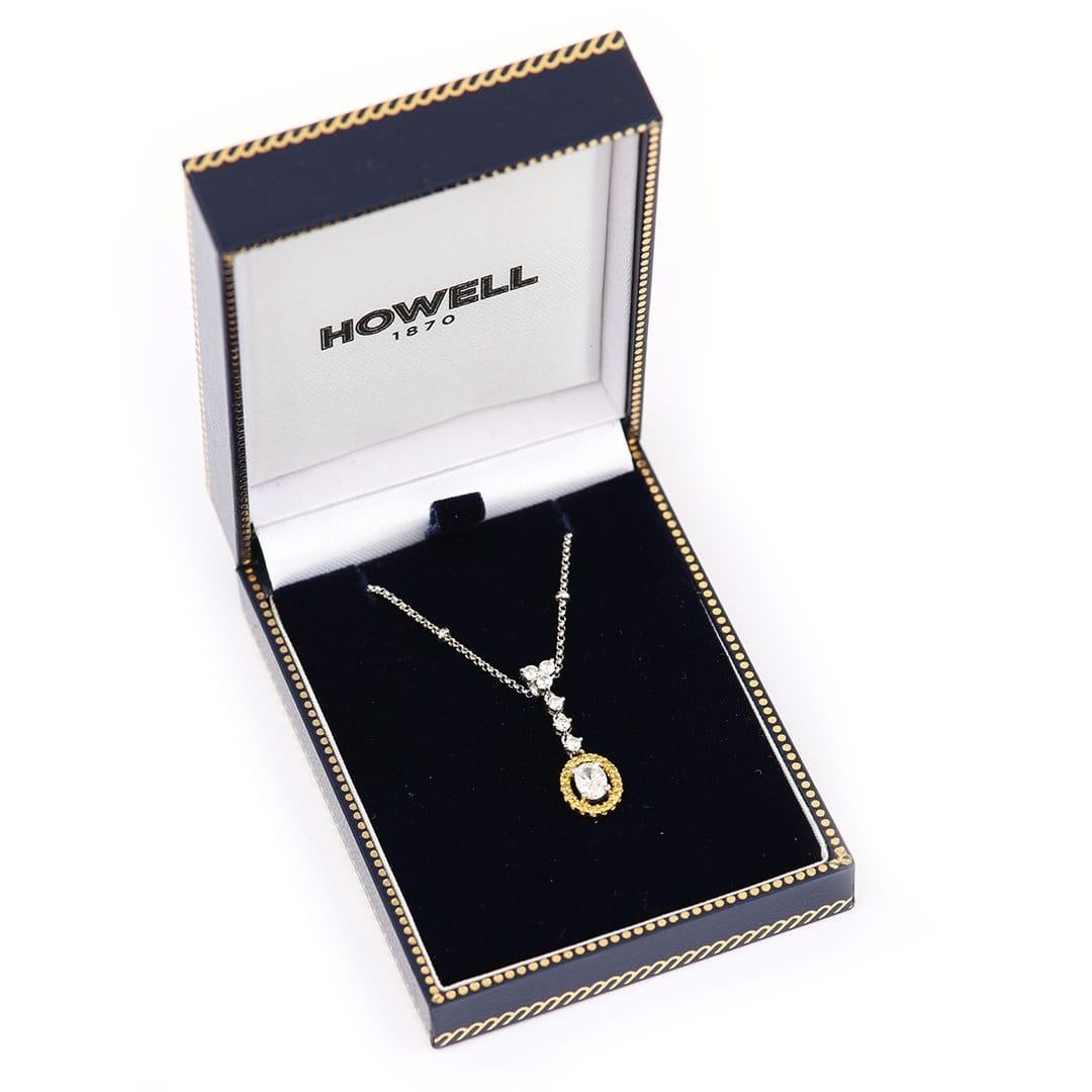 Contemporary 18ct Gold White and Yellow Diamond Halo Pendant Necklace For Sale 7