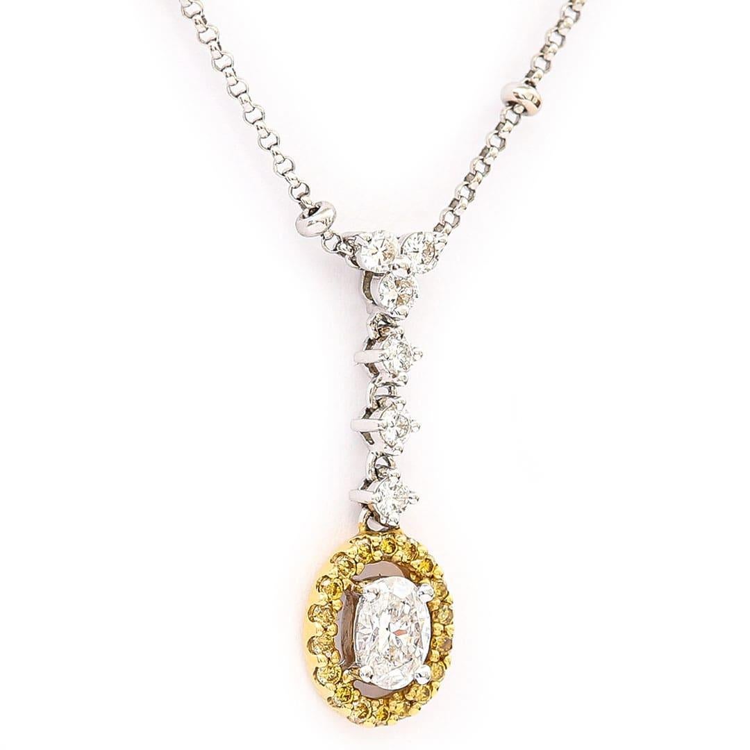 Brilliant Cut Contemporary 18ct Gold White and Yellow Diamond Halo Pendant Necklace For Sale