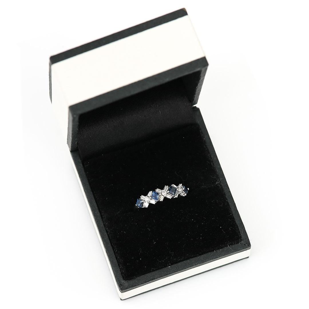 Contemporary 18ct White Gold Baguette Cut Diamond and Sapphire Ring For Sale 10