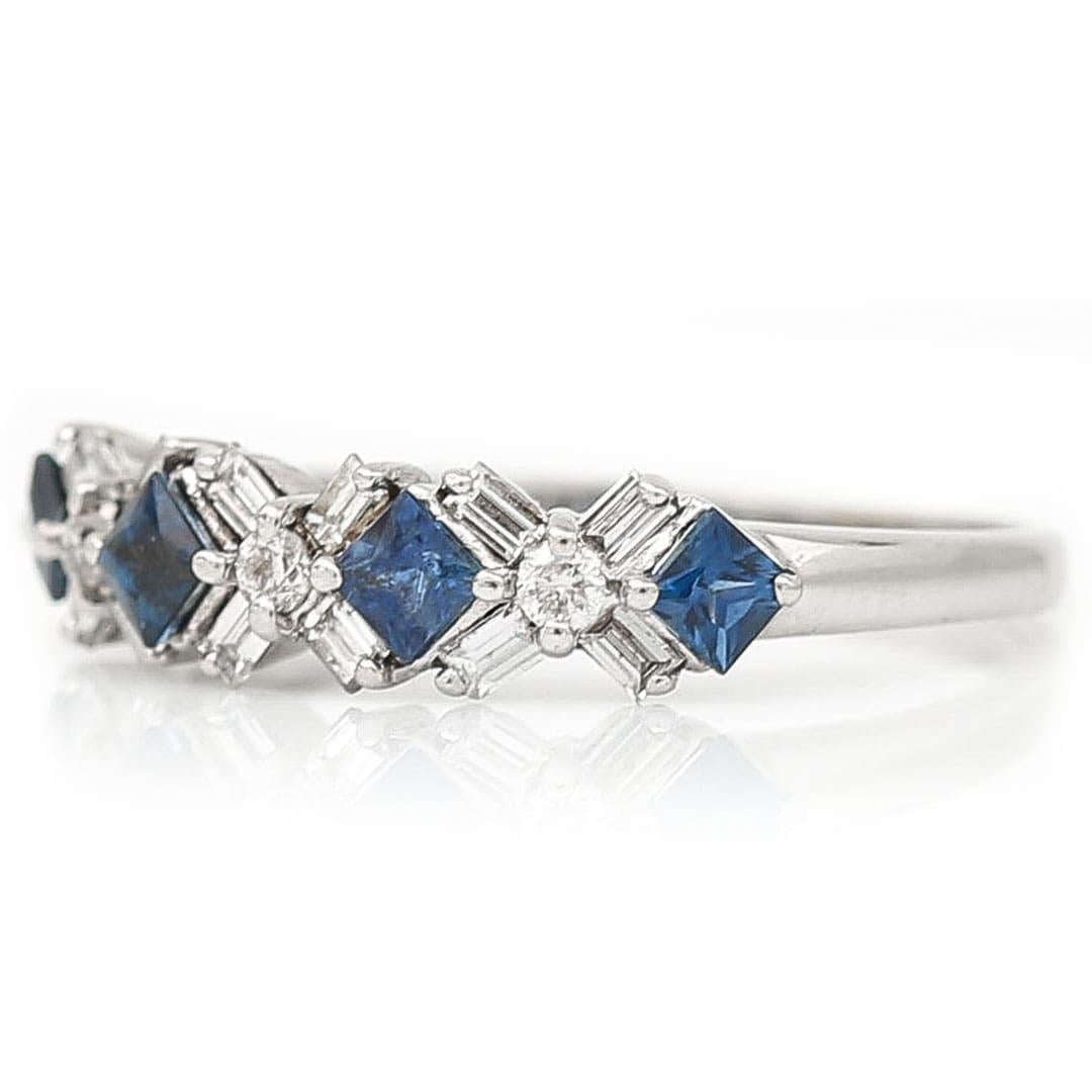 Contemporary 18ct White Gold Baguette Cut Diamond and Sapphire Ring In Good Condition For Sale In Lancashire, Oldham