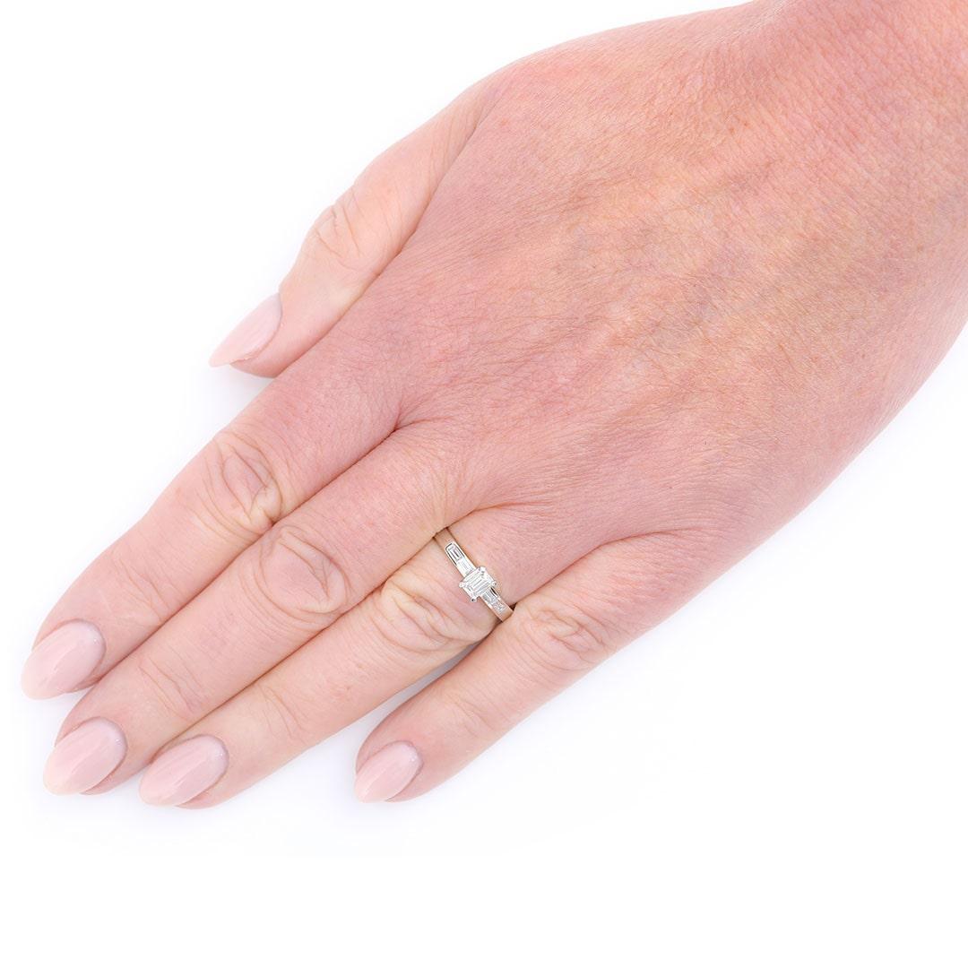 Contemporary 18ct White Gold Baguette Cut Diamond Engagement Ring H Colour For Sale 7