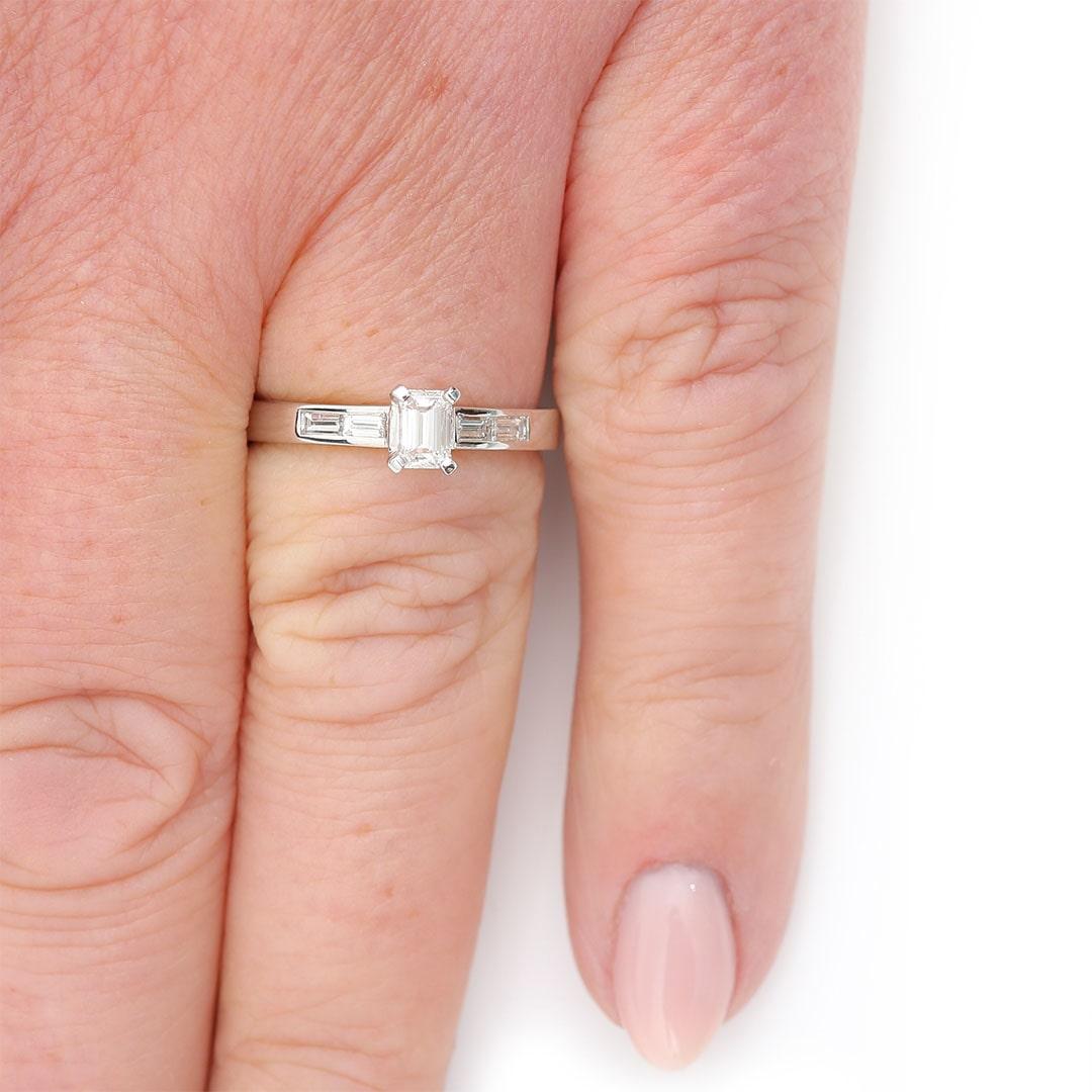 Contemporary 18ct White Gold Baguette Cut Diamond Engagement Ring H Colour For Sale 8