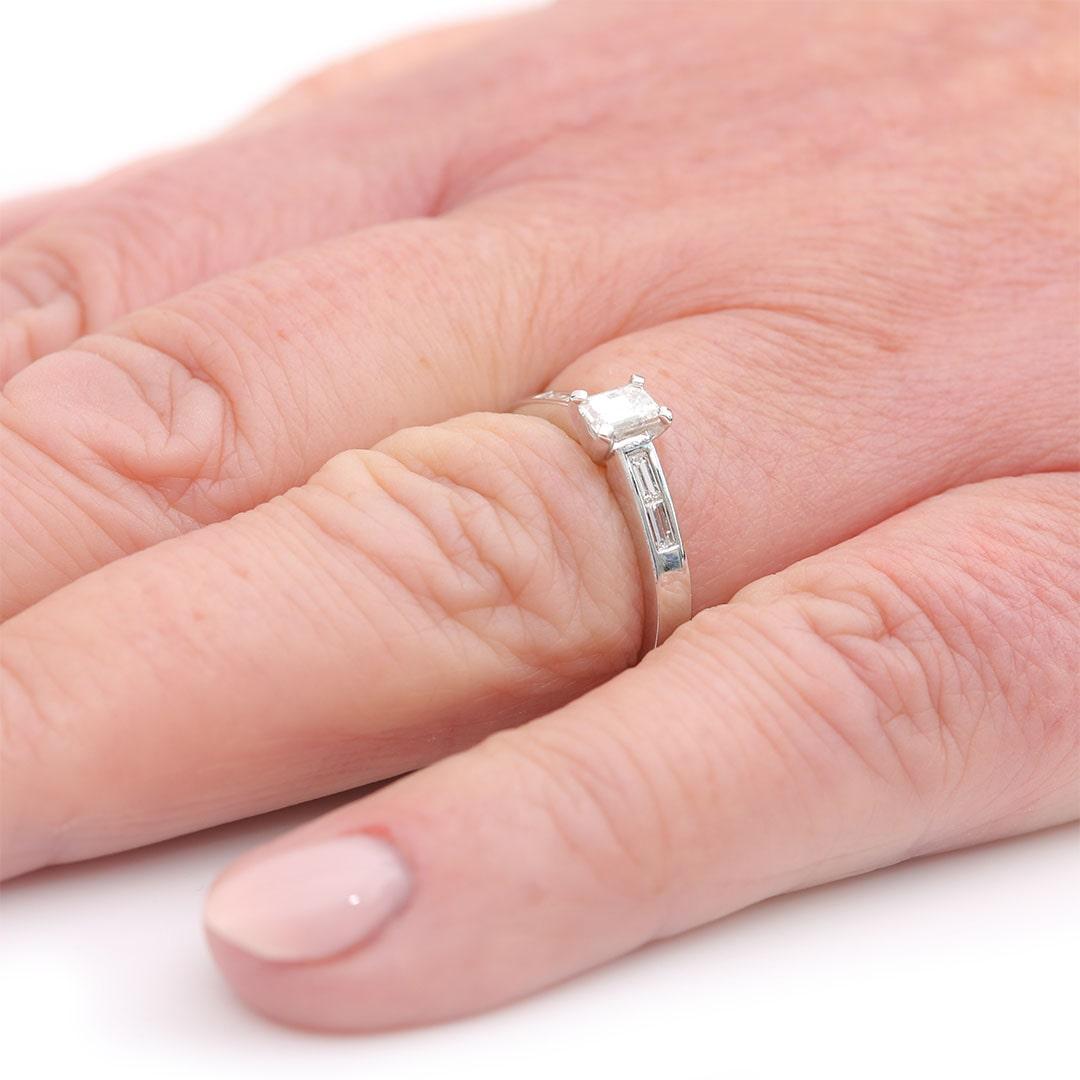 Contemporary 18ct White Gold Baguette Cut Diamond Engagement Ring H Colour For Sale 9