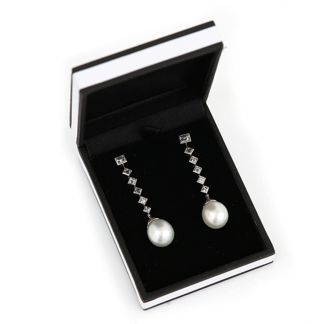 Contemporary 18ct White Gold Pearl and 3.10ct Diamond Drop Earrings 7