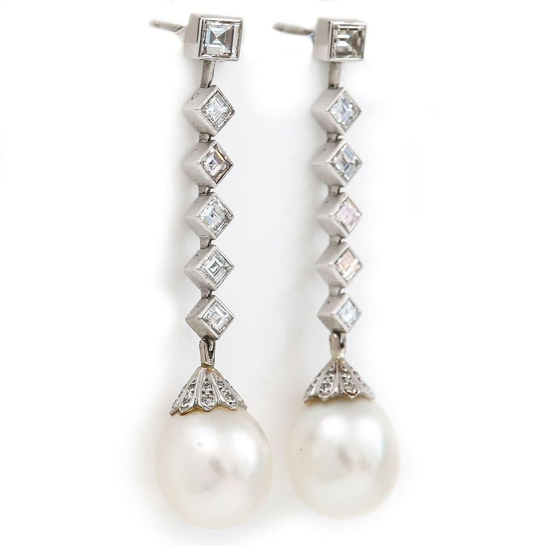 Square Cut Contemporary 18ct White Gold Pearl and 3.10ct Diamond Drop Earrings