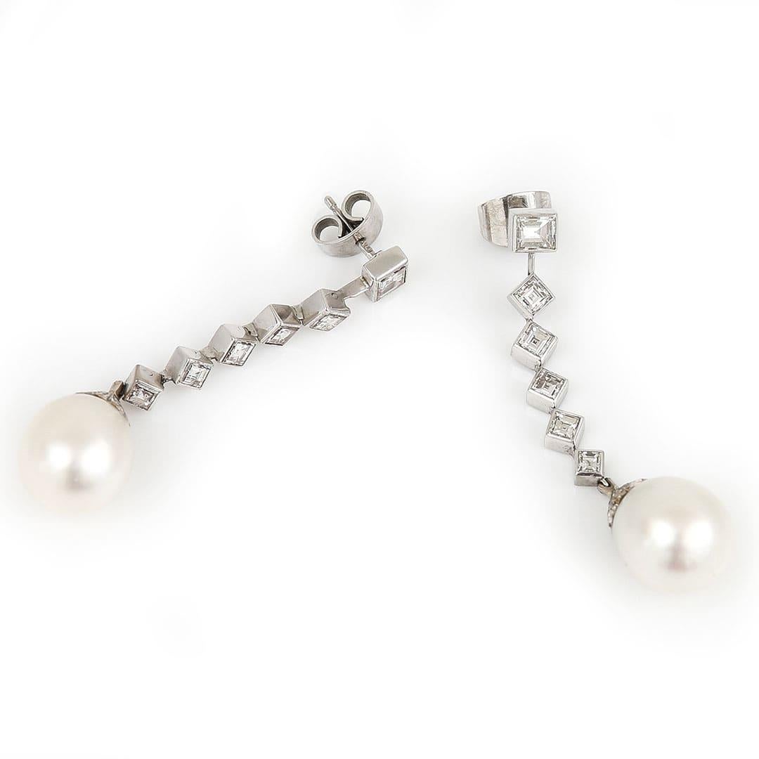 Contemporary 18ct White Gold Pearl and 3.10ct Diamond Drop Earrings 1