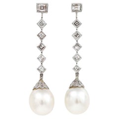 Contemporary 18ct White Gold Pearl and 3.10ct Diamond Drop Earrings