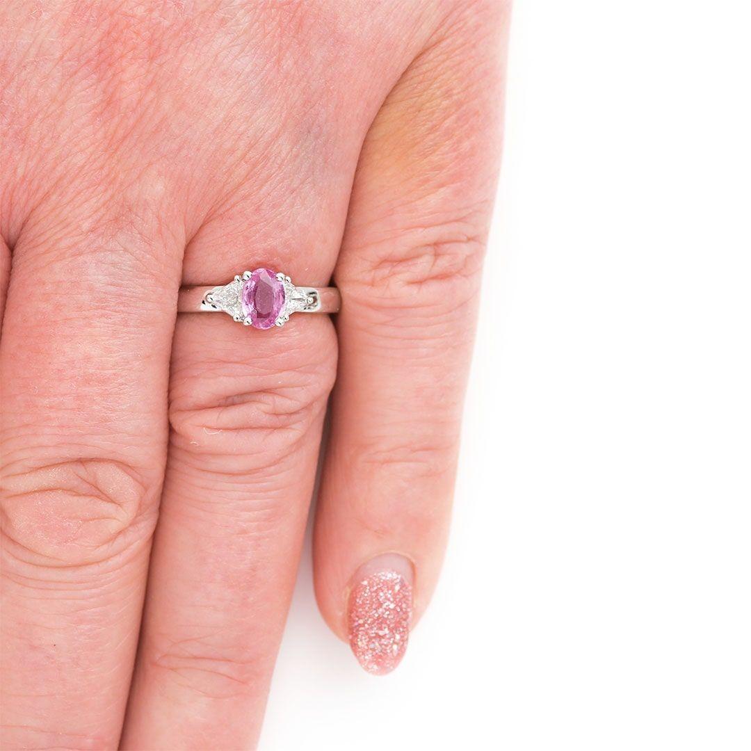 Contemporary 18ct White Gold Pink Sapphire and Trillion Cut Diamond Trilogy Ring For Sale 5