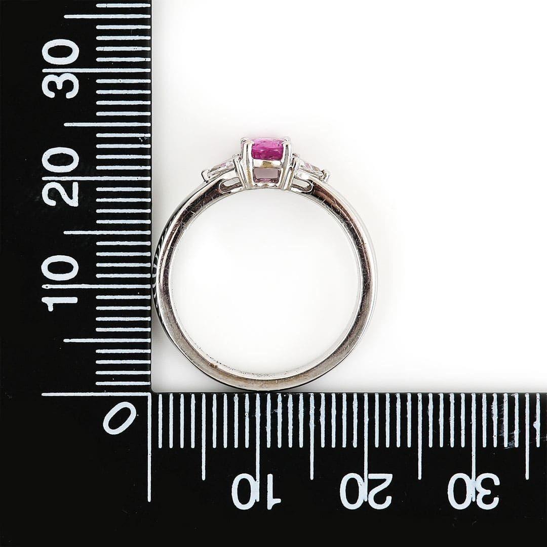 Contemporary 18ct White Gold Pink Sapphire and Trillion Cut Diamond Trilogy Ring For Sale 6