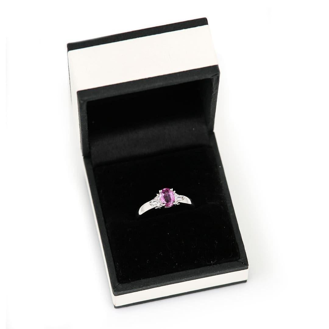 Contemporary 18ct White Gold Pink Sapphire and Trillion Cut Diamond Trilogy Ring For Sale 7