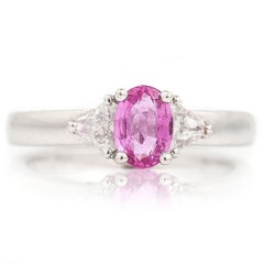 Contemporary 18ct White Gold Pink Sapphire and Trillion Cut Diamond Trilogy Ring