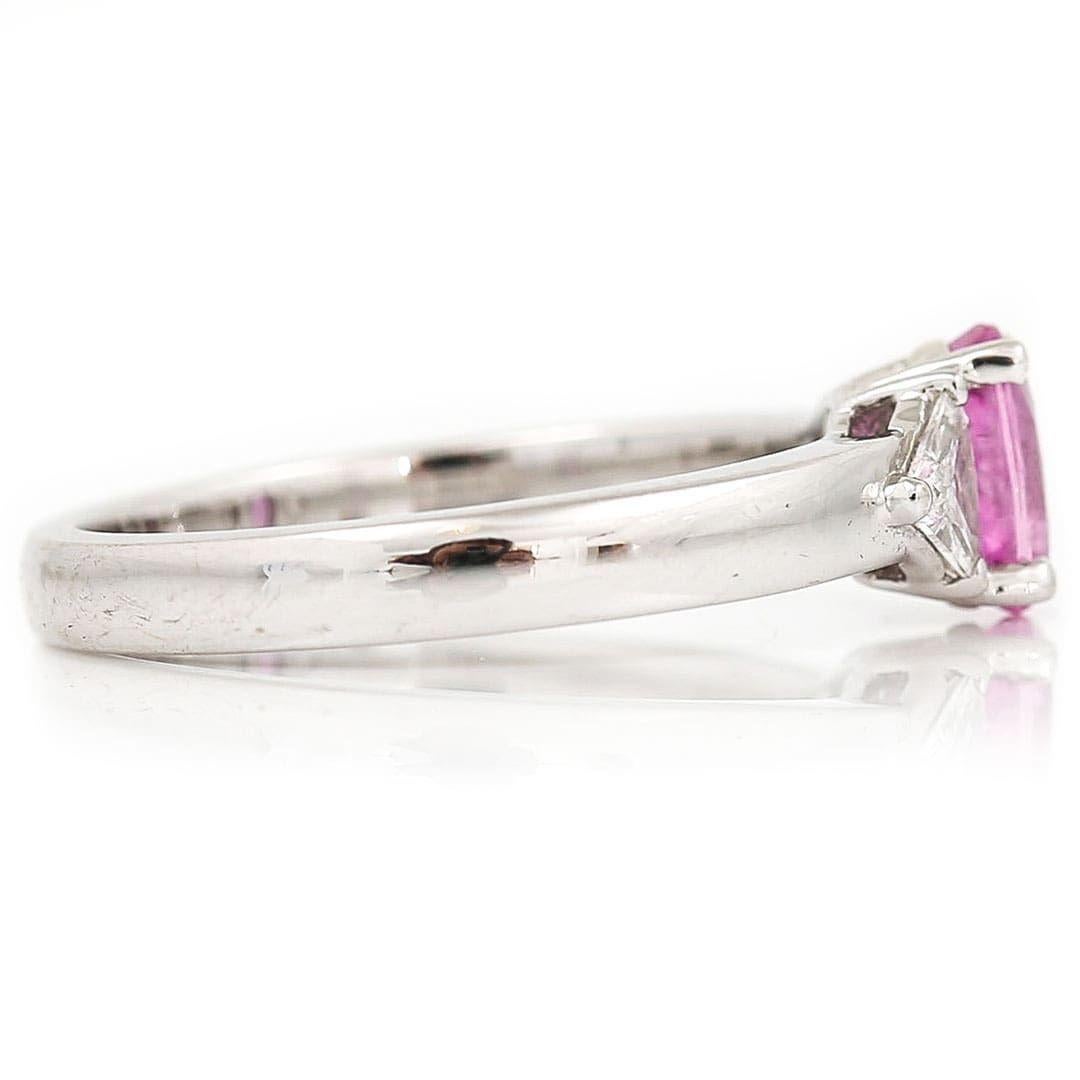 Contemporary 18ct White Gold Pink Sapphire and Trillion Cut Diamond Trilogy Ring In Good Condition For Sale In Lancashire, Oldham
