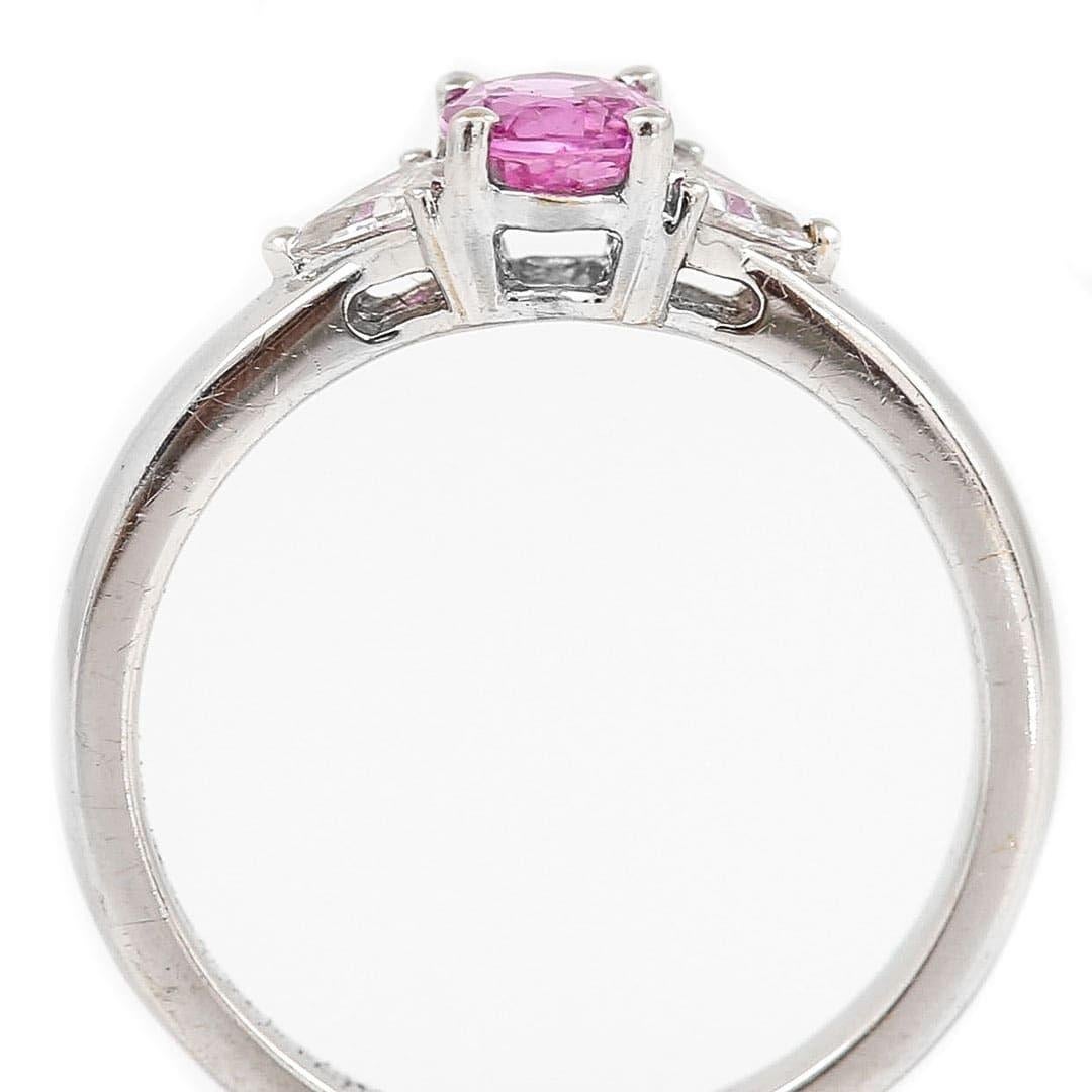 Contemporary 18ct White Gold Pink Sapphire and Trillion Cut Diamond Trilogy Ring For Sale 1