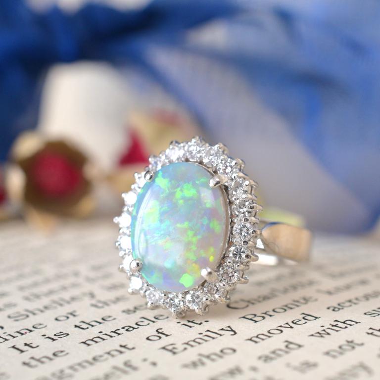Oval Cut Contemporary 18ct White Gold Solid Dark Opal And Diamond Ring For Sale