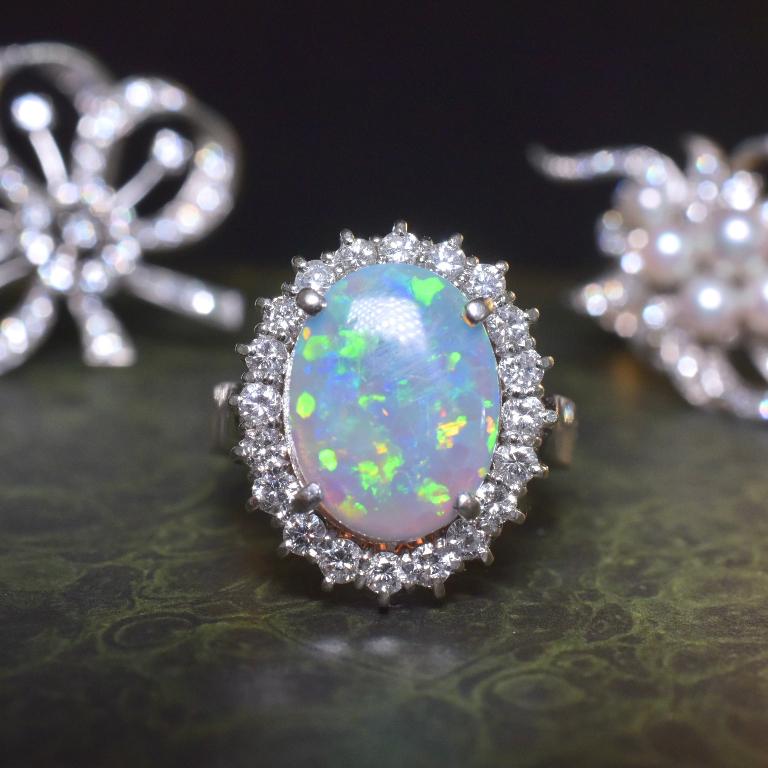 Contemporary 18ct White Gold Solid Dark Opal And Diamond Ring For Sale 1