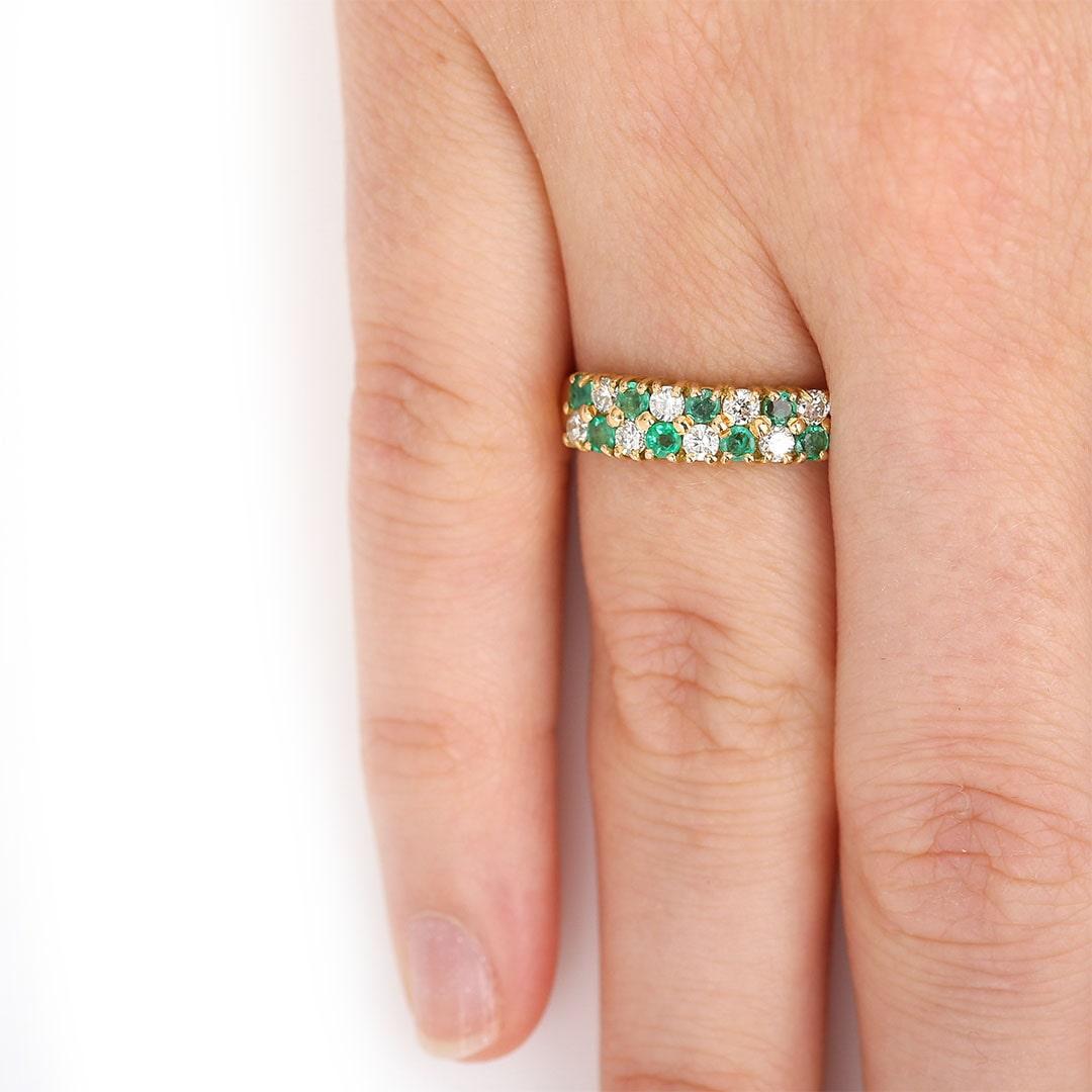 Contemporary 18ct Yellow Gold Emerald and Diamond Checkerboard Ring 6