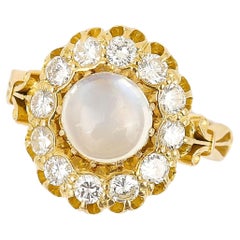 Contemporary 18ct Yellow Gold Moonstone and Diamond Cluster Ring