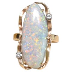 Vintage Contemporary 18ct Yellow Gold Semi Black Solid Opal And Diamond Ring 
