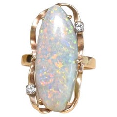 Retro Contemporary 18ct Yellow Gold Semi Black Solid Opal And Diamond Ring 