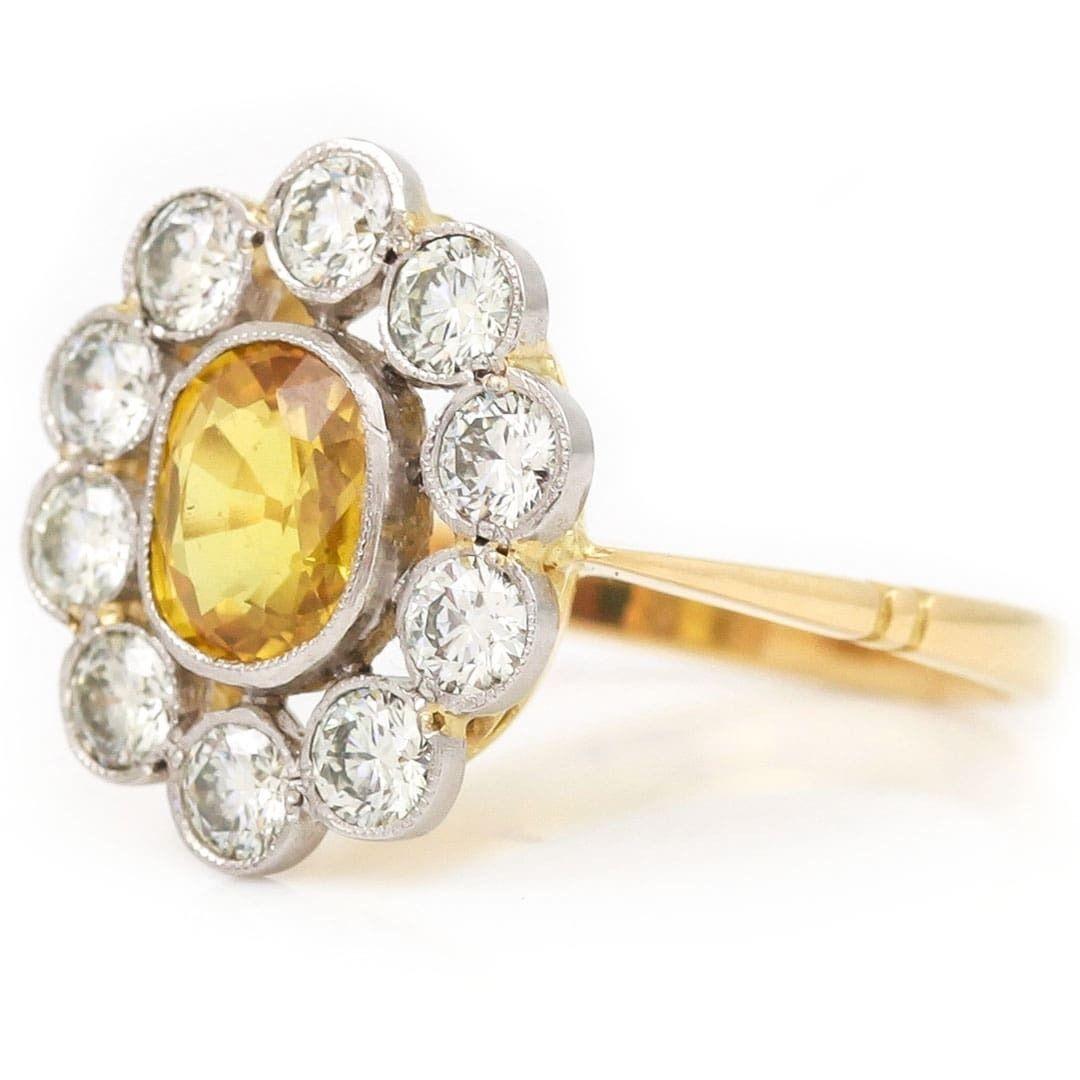 Oval Cut Contemporary 18ct Yellow Sapphire and Diamond Cluster Ring