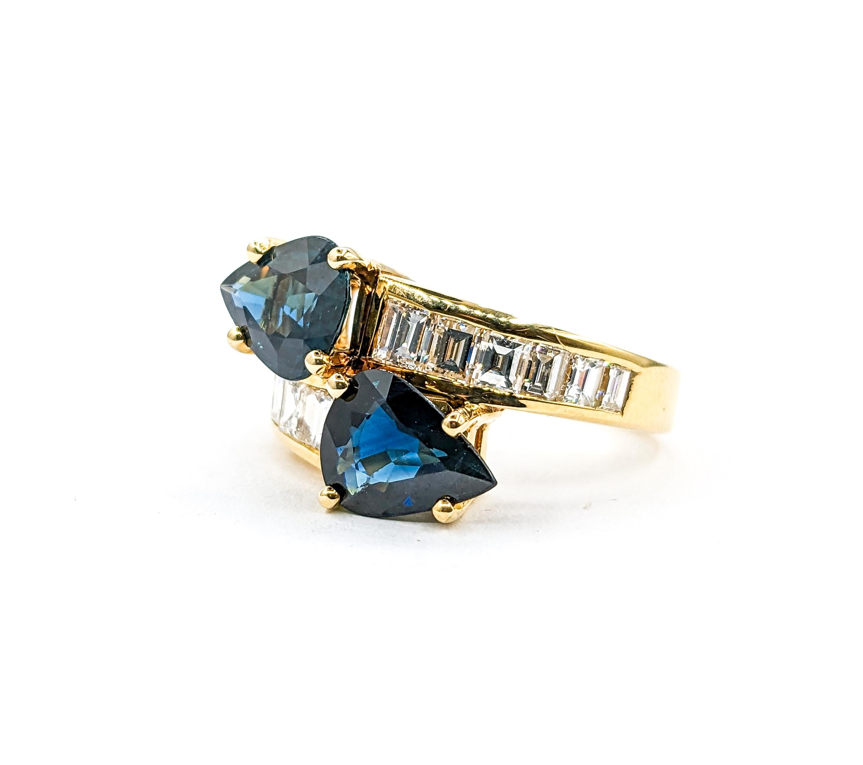 For Sale:  Contemporary 18k Blue Sapphire & Diamond Bypass Ring 10