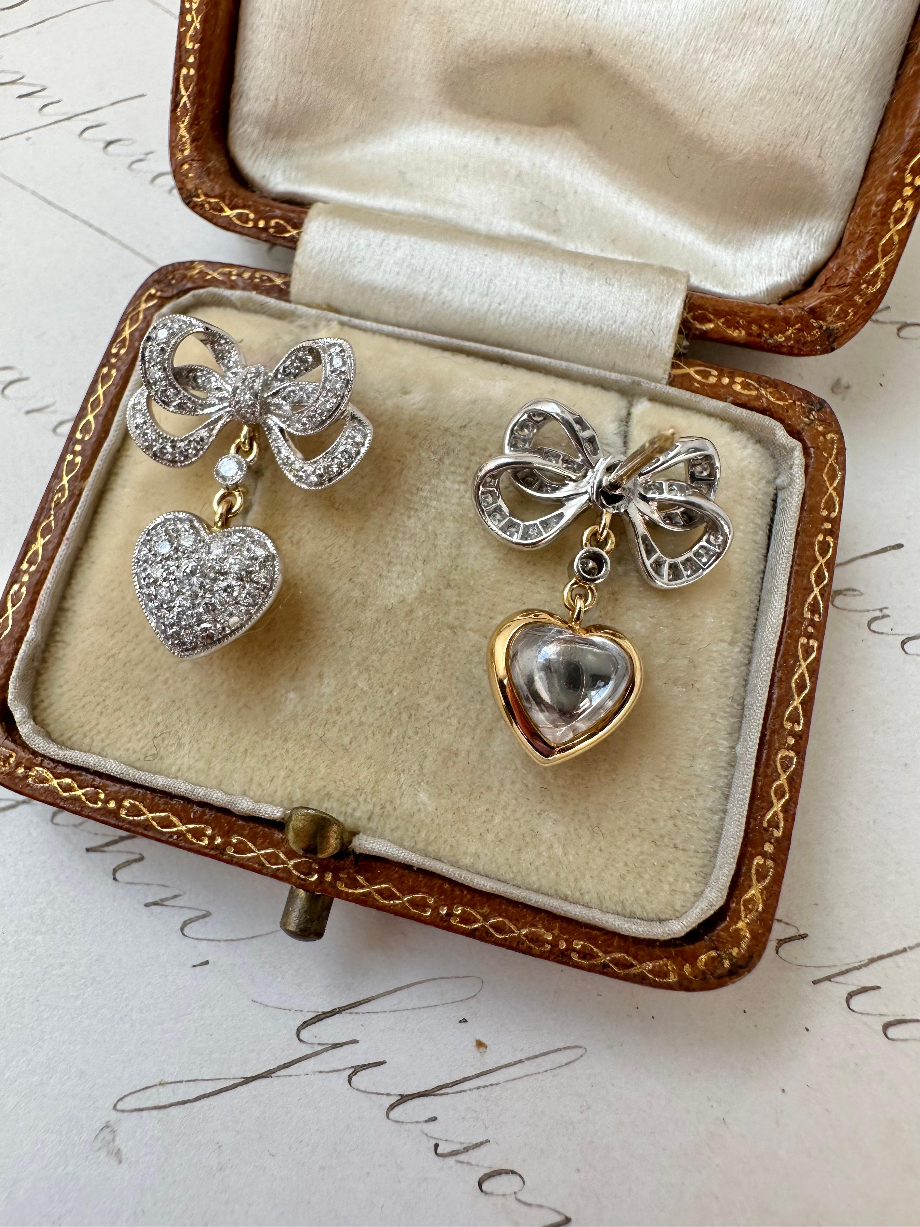 Art Nouveau Contemporary 18k Diamond and Rock Crystal Crowned Heart Earrings For Sale