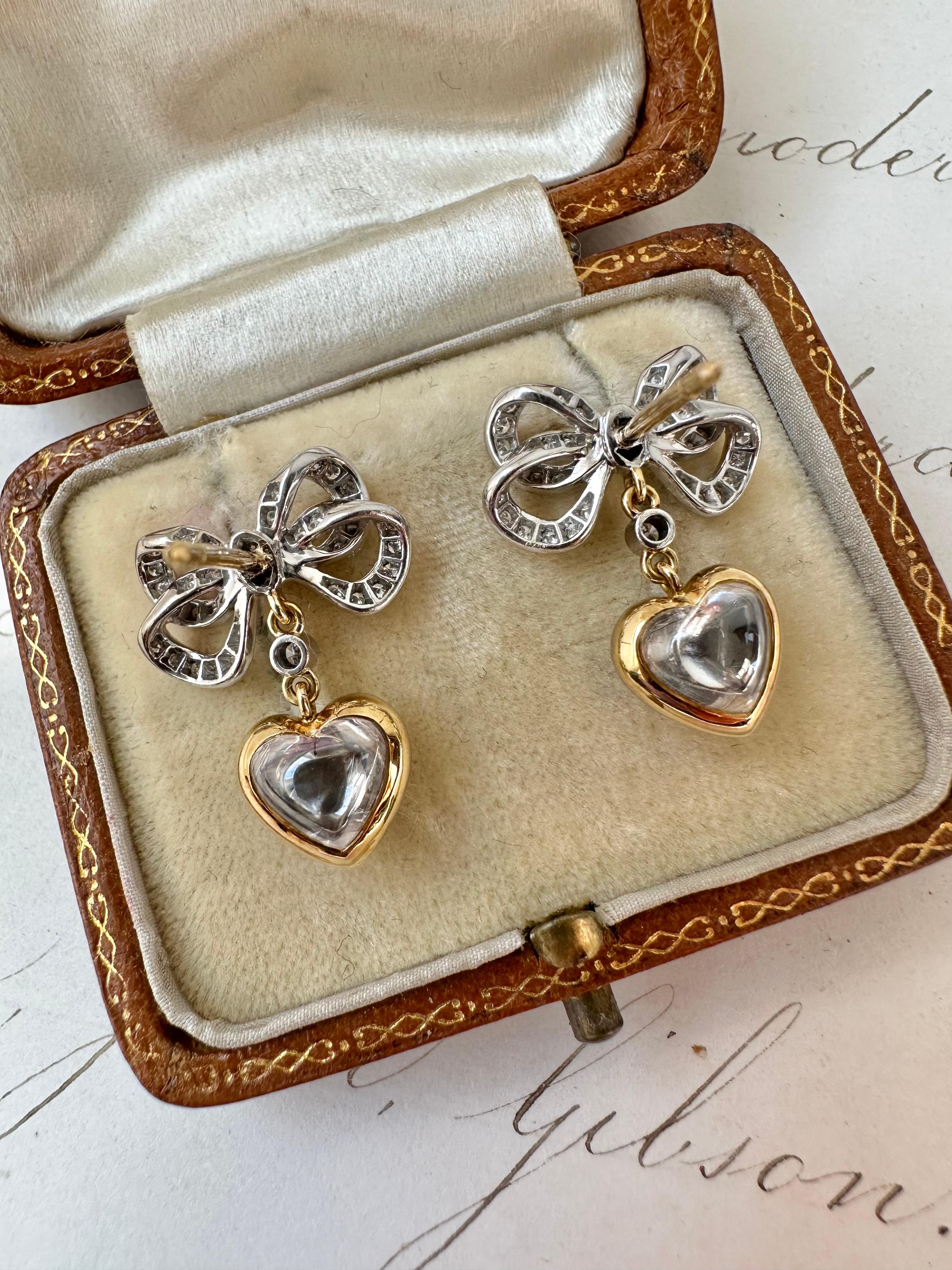Brilliant Cut Contemporary 18k Diamond and Rock Crystal Crowned Heart Earrings For Sale