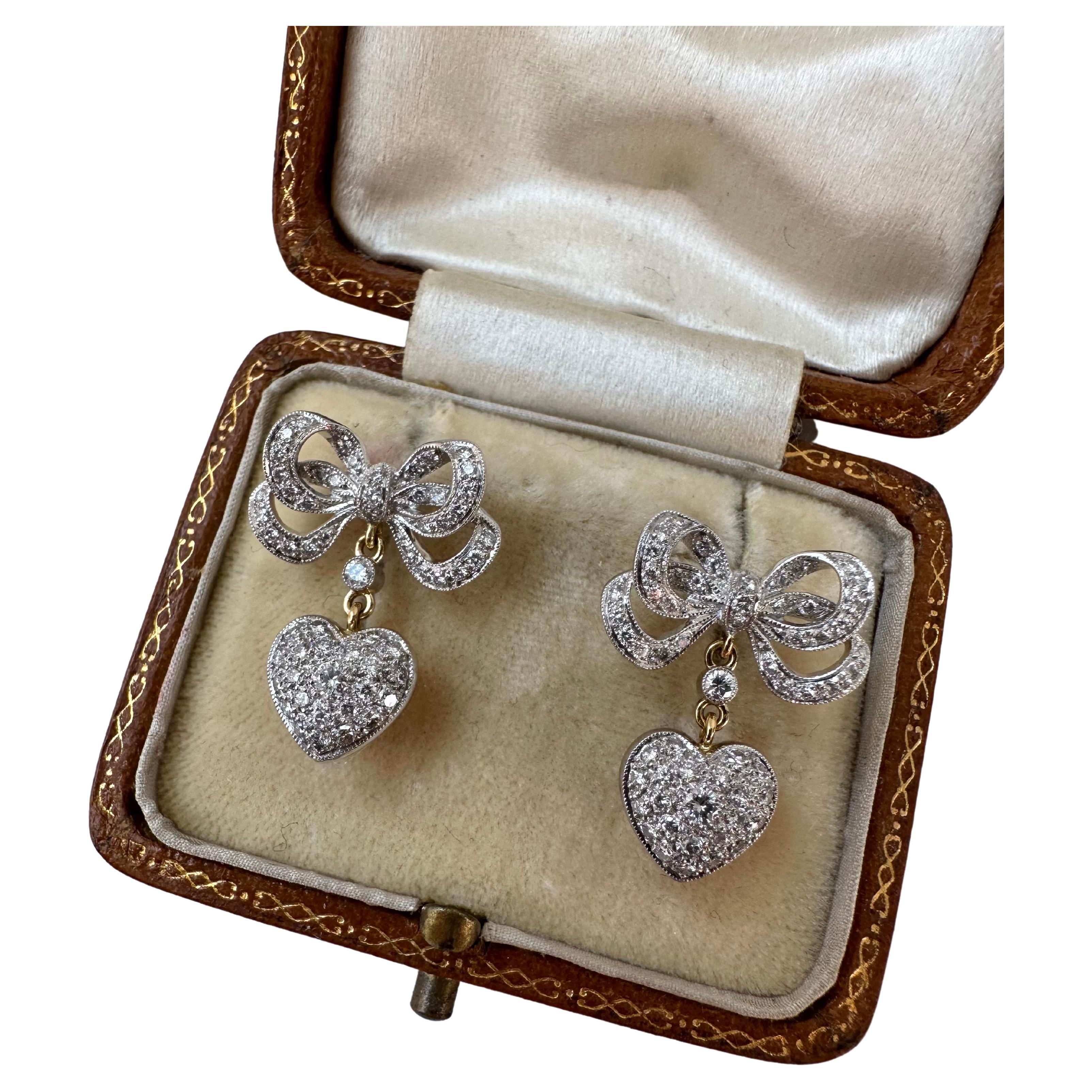 Contemporary 18k Diamond and Rock Crystal Crowned Heart Earrings For Sale