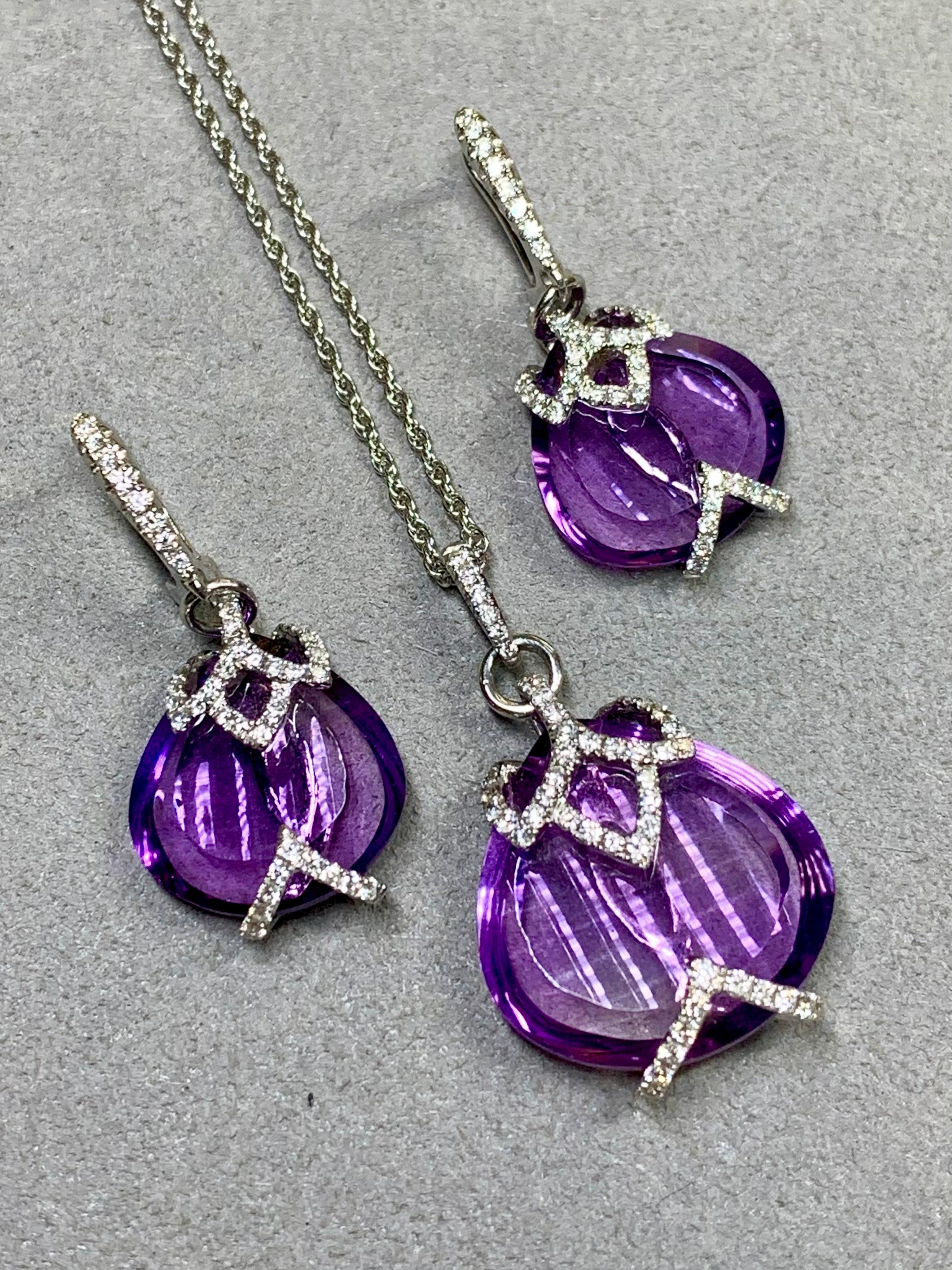 Contemporary 18K Diamond Fantasy Cut Amethyst Earring And Pendant Necklace Set For Sale 1