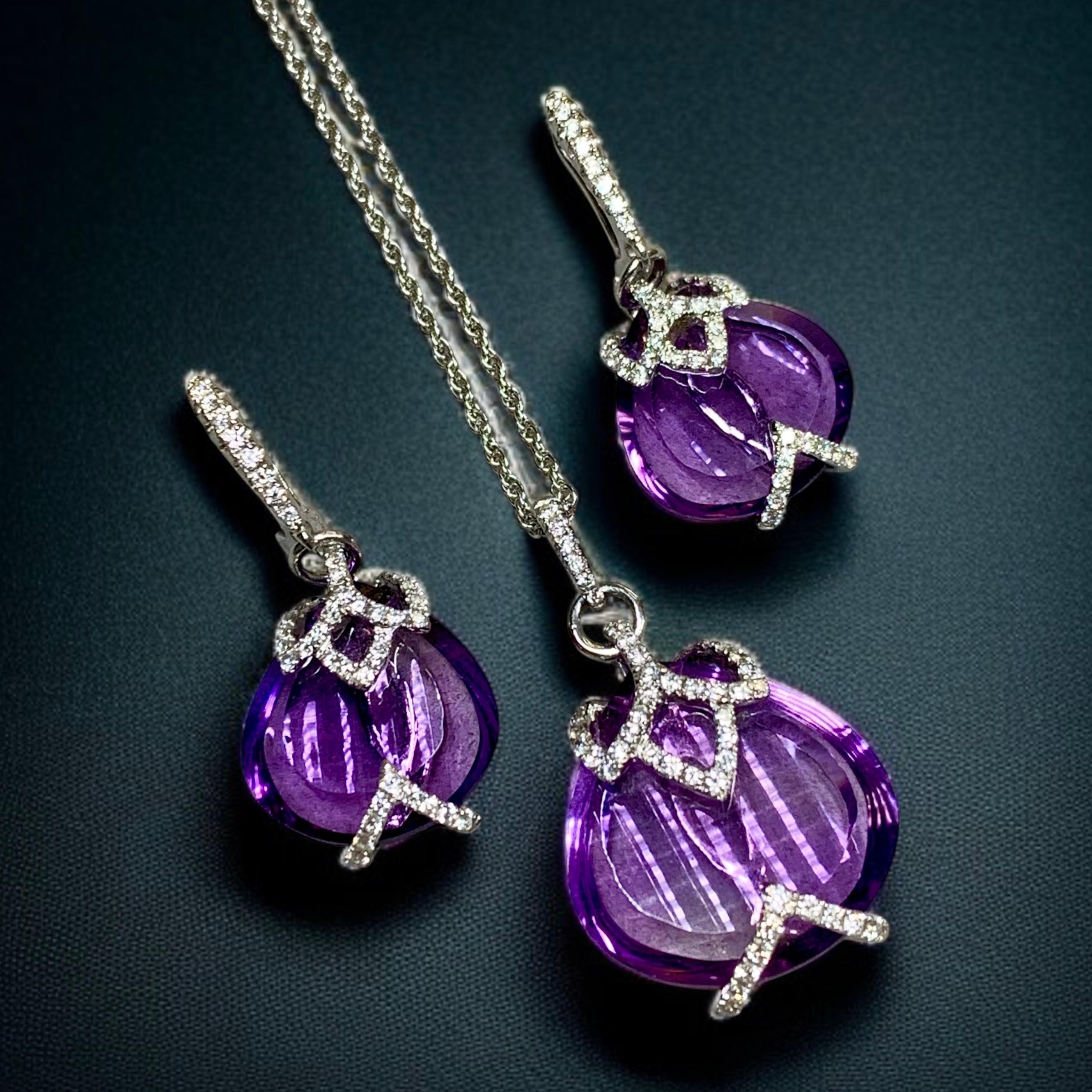 Contemporary 18K Diamond Fantasy Cut Amethyst Earring And Pendant Necklace Set For Sale 2