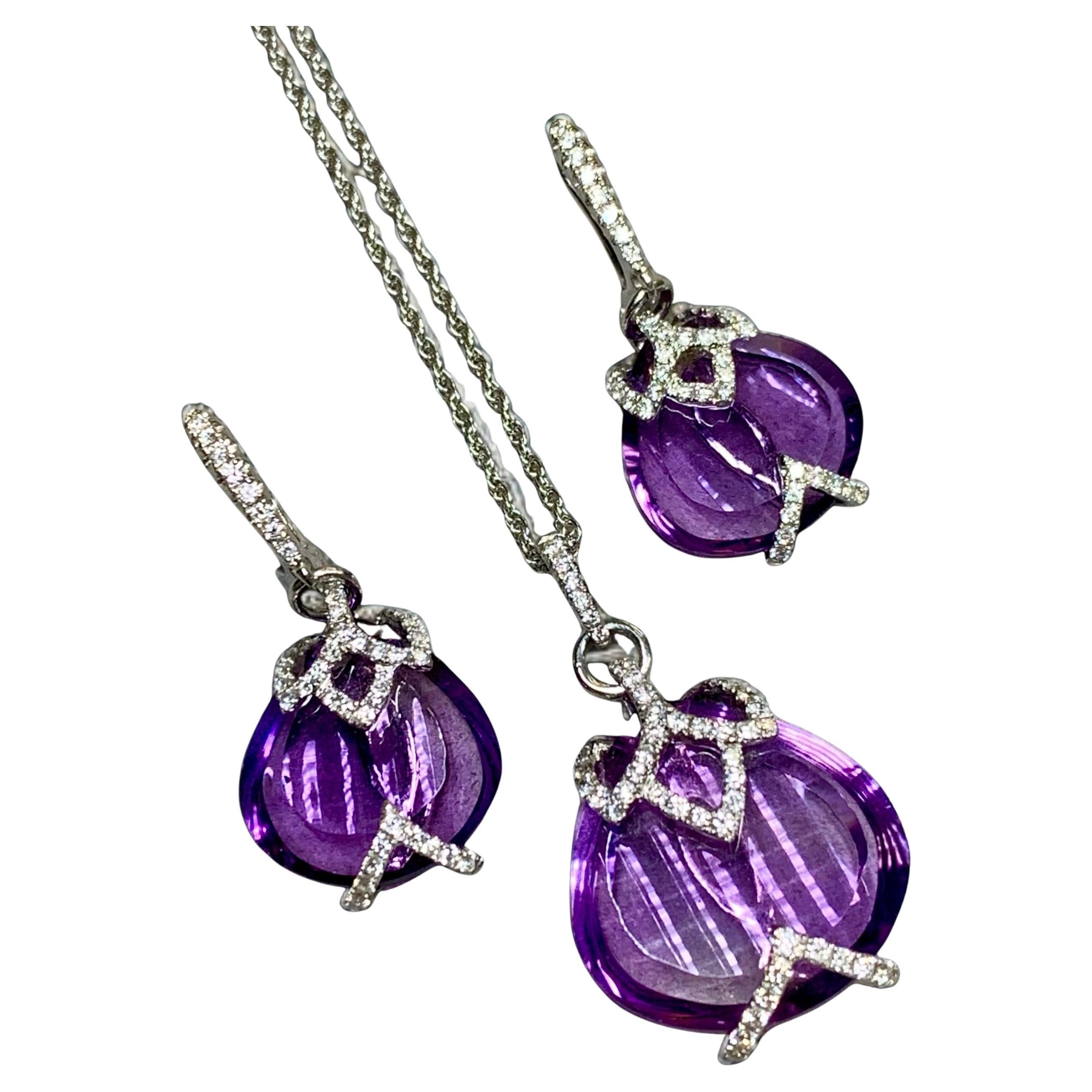 Contemporary 18K Diamond Fantasy Cut Amethyst Earring And Pendant Necklace Set For Sale