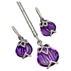 Contemporary 18K Diamond Fantasy Cut Amethyst Earring and Pendant Necklace Set