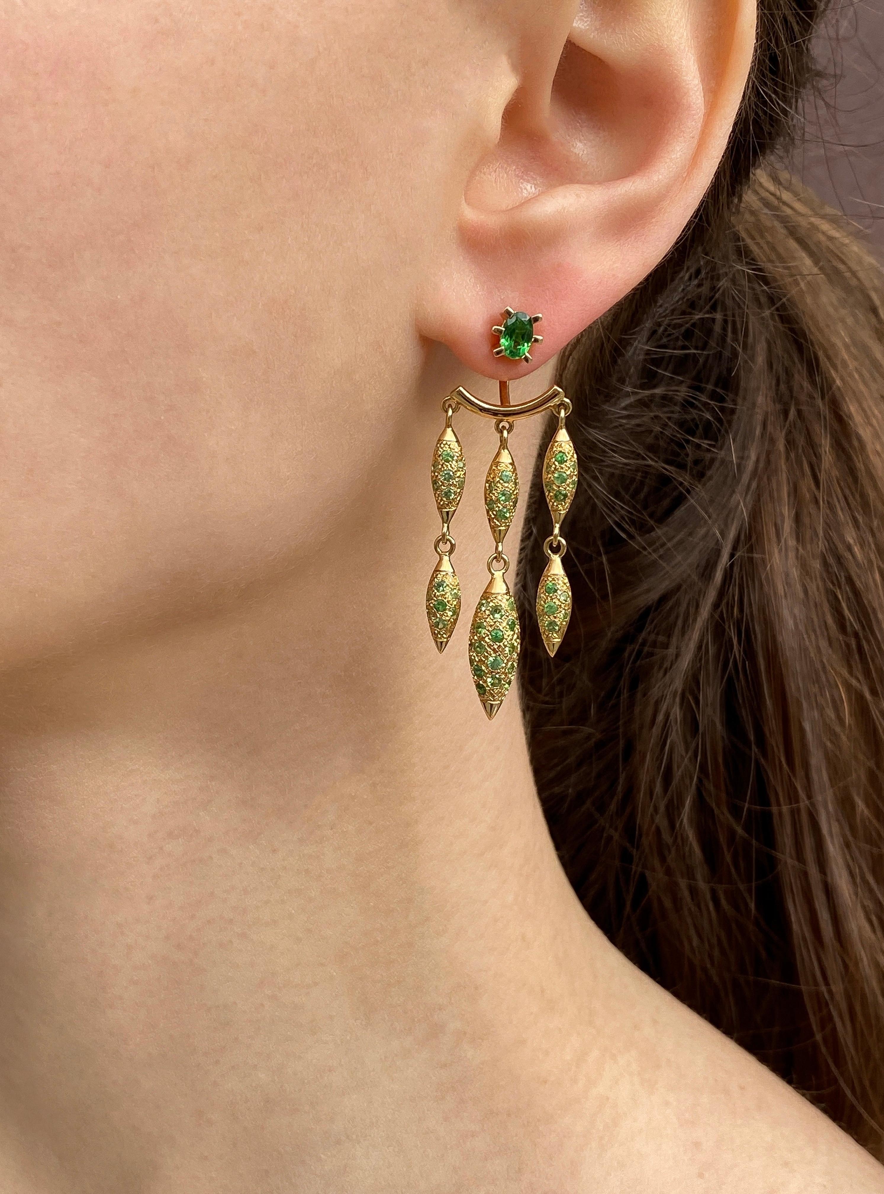 Round Cut Contemporary 18K Gold & Green Tsavorite Garnet Chandelier Earrings /Ear Jackets For Sale