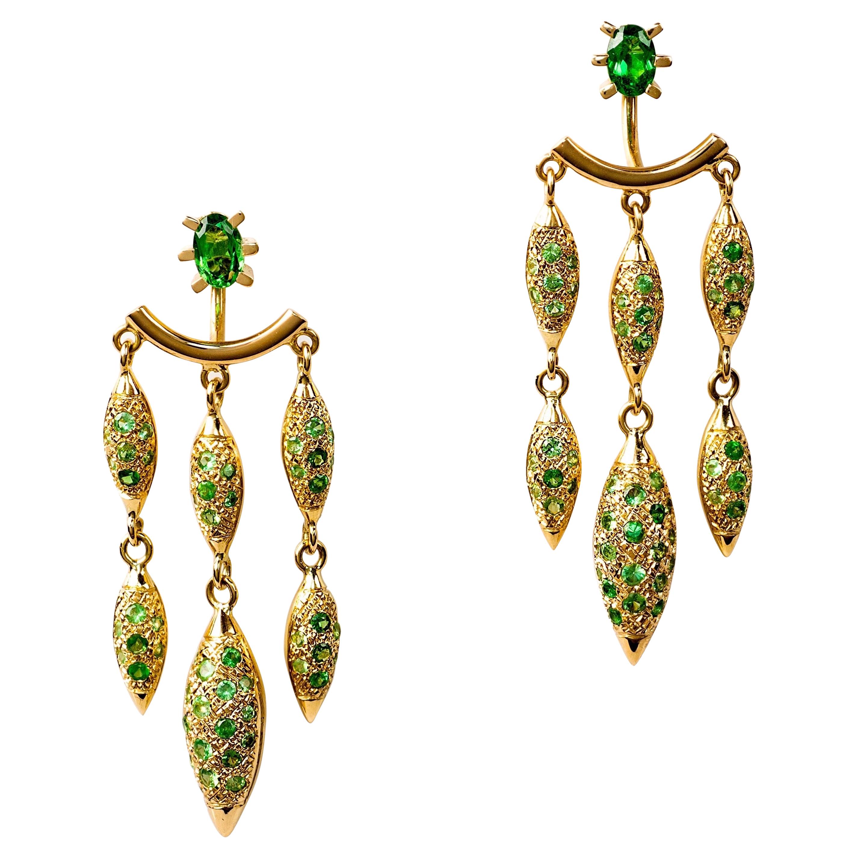 Contemporary 18K Gold & Green Tsavorite Garnet Chandelier Earrings /Ear Jackets en vente
