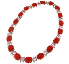 Contemporary 18K Gold Mediterranean Coral, Pink Sapphire & Diamond Necklace