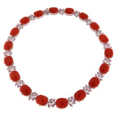 Contemporary 18K Gold Mediterranean Coral, Pink Sapphire & Diamond Necklace