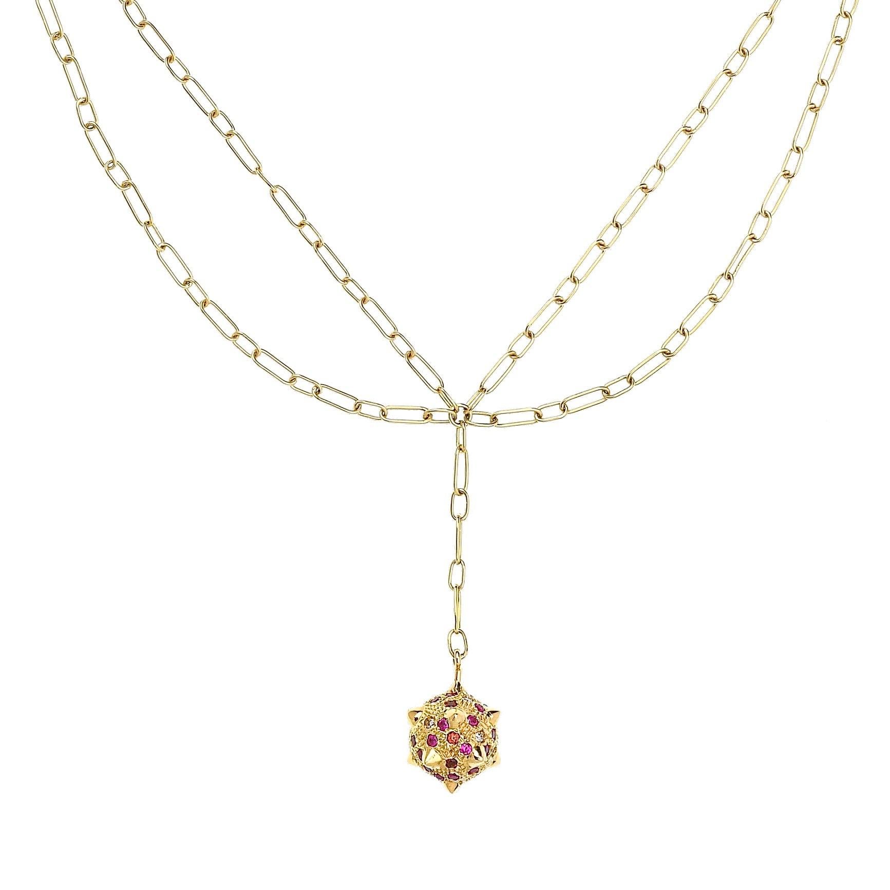 The ‘Morning Star’, double chain necklace is crafted in 18k yellow gold, hallmarked in Cyprus. This impressive neck piece comes in a highly polished finish and features Champaign Diamonds totalling 0,25 Cts, Rubies 0,6 Cts and Mandarin Garnets 0,2