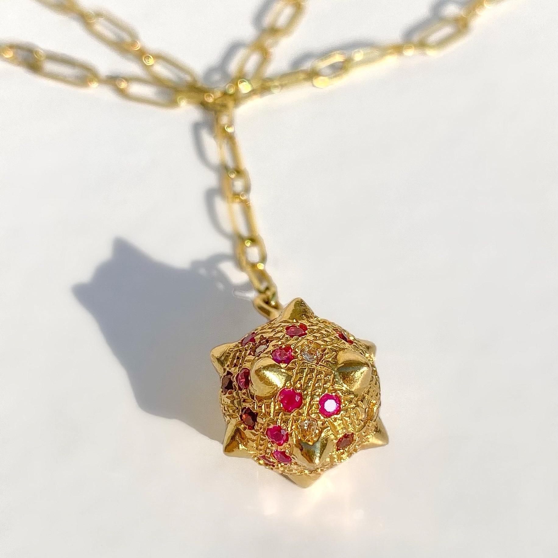 Women's or Men's Contemporary 18k Gold Spiked Sphere Chain Necklace with Diamonds, Rubies Garnets For Sale