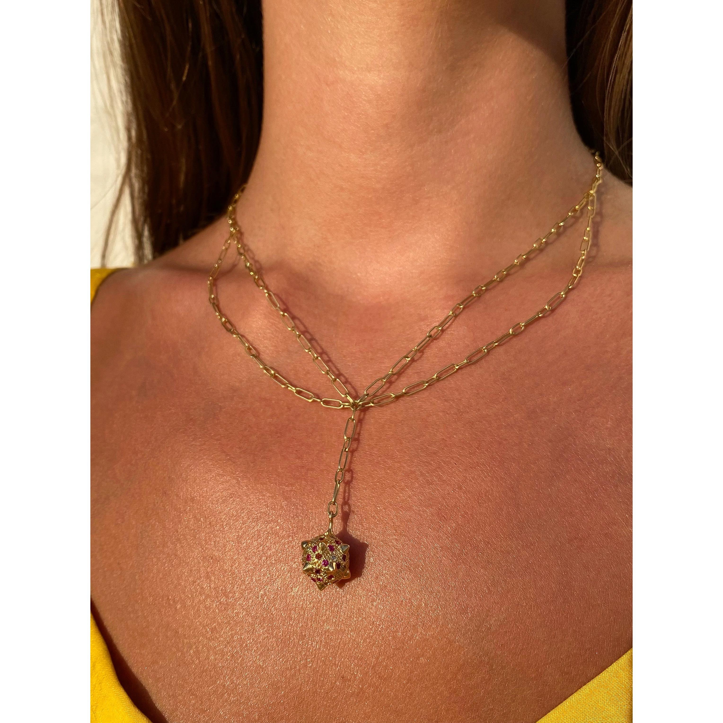 Contemporary 18k Gold Spiked Sphere Chain Necklace with Diamonds, Rubies Garnets For Sale 2