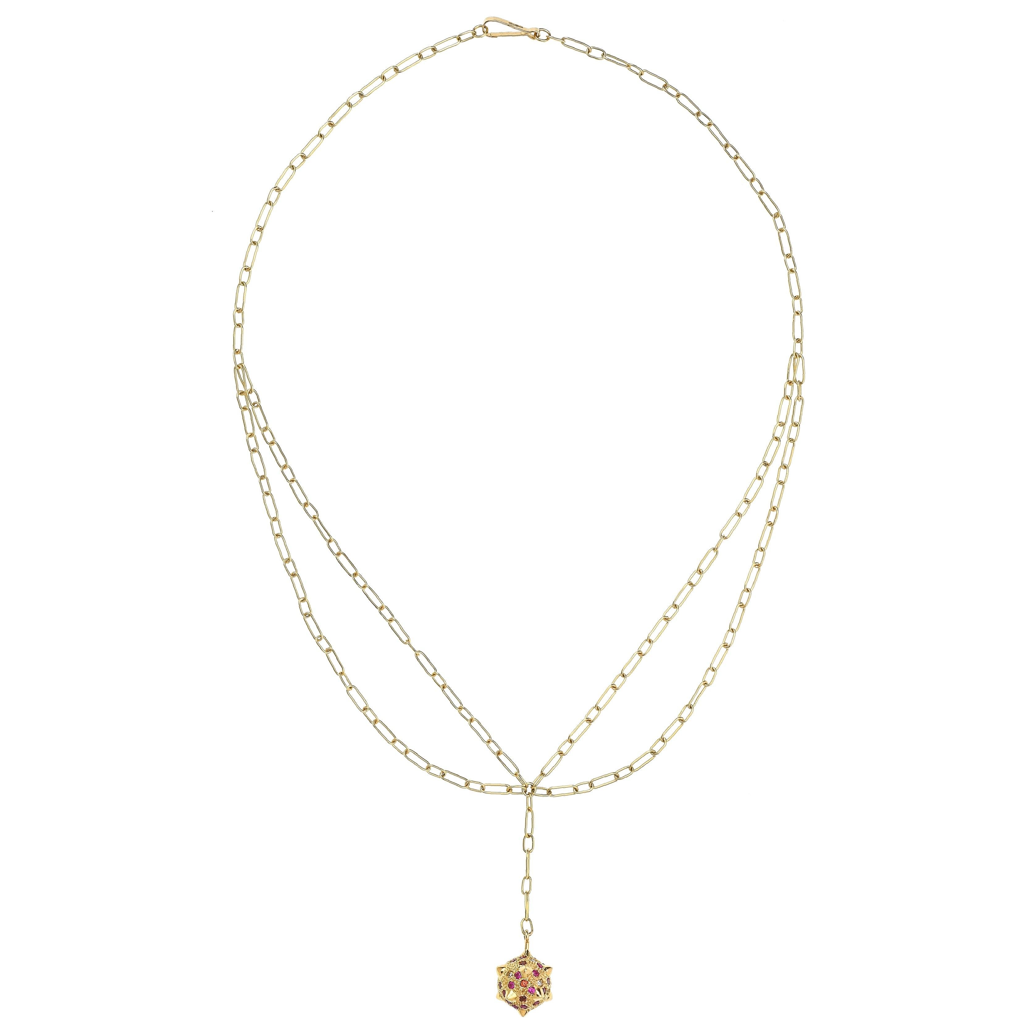 Zeitgenössische 18k Gold Spiked Sphere Kette Halskette mit Diamanten, Rubinen Granaten im Angebot 3