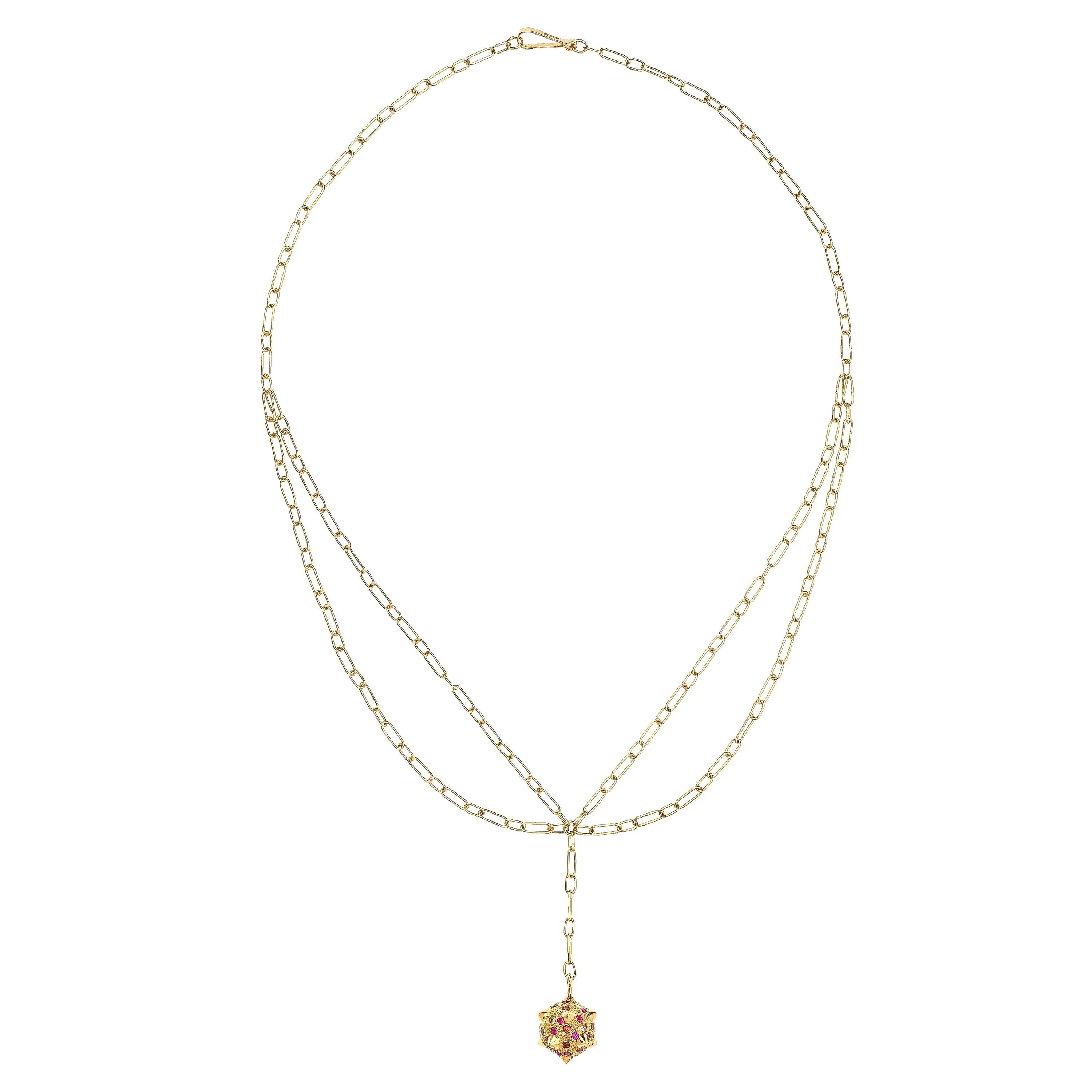 Zeitgenössische 18k Gold Spiked Sphere Kette Halskette mit Diamanten, Rubinen Granaten