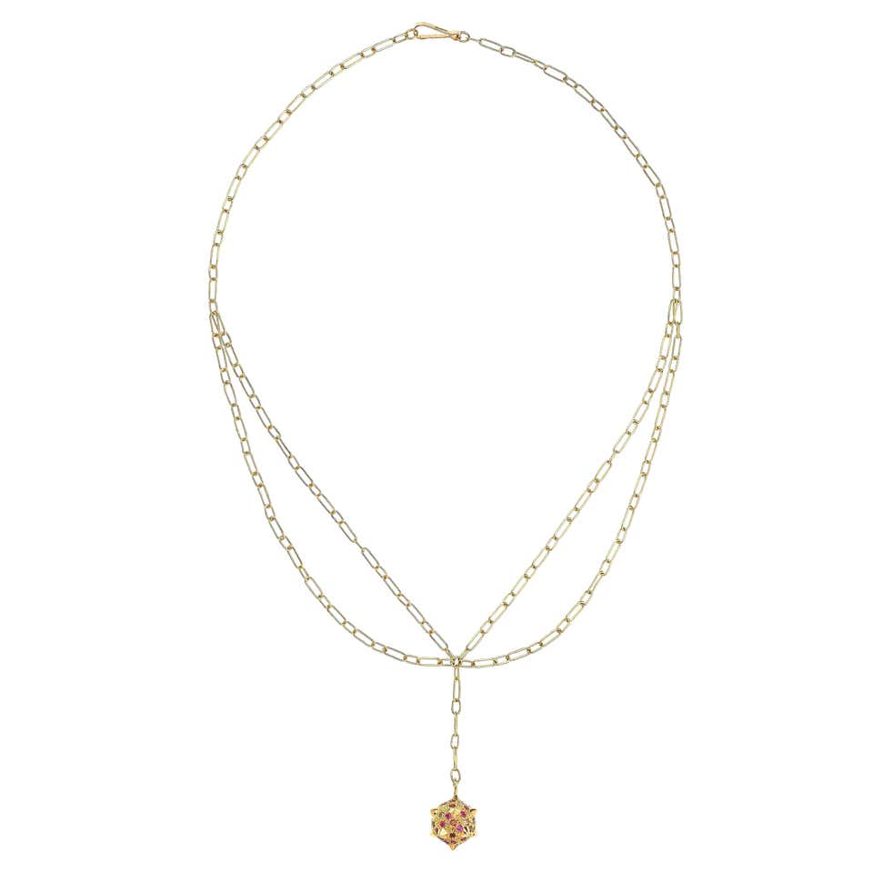 Contemporary 18K Yellow Gold, Sphere Chain Necklace with Multicoloured ...